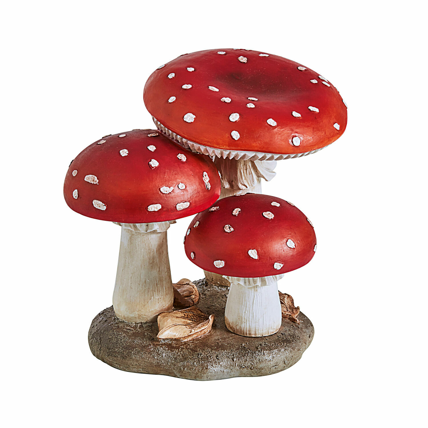 Deko-Pilz Lupton Dekorative Figur mit drei roten Fliegenpilzen mit weissen Punkten auf brauner Basis mit Blättern
