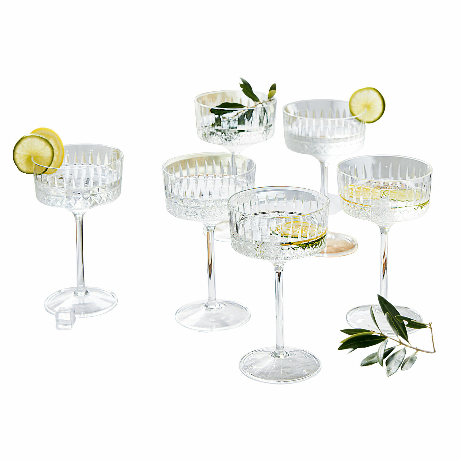 Sektglas 6er Set Deion Sechsteiliges Set Kristall-Cocktailgläser, dekoriert mit Zitronenscheiben und grünen Blättern