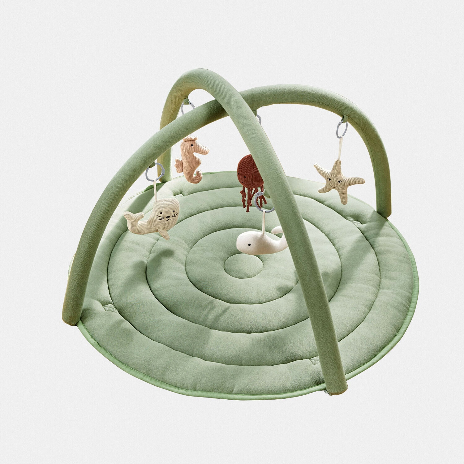 Weiche grüne Spielmatte mit Bögen und hängenden Meeresbewohner-Spielzeugen für Babys