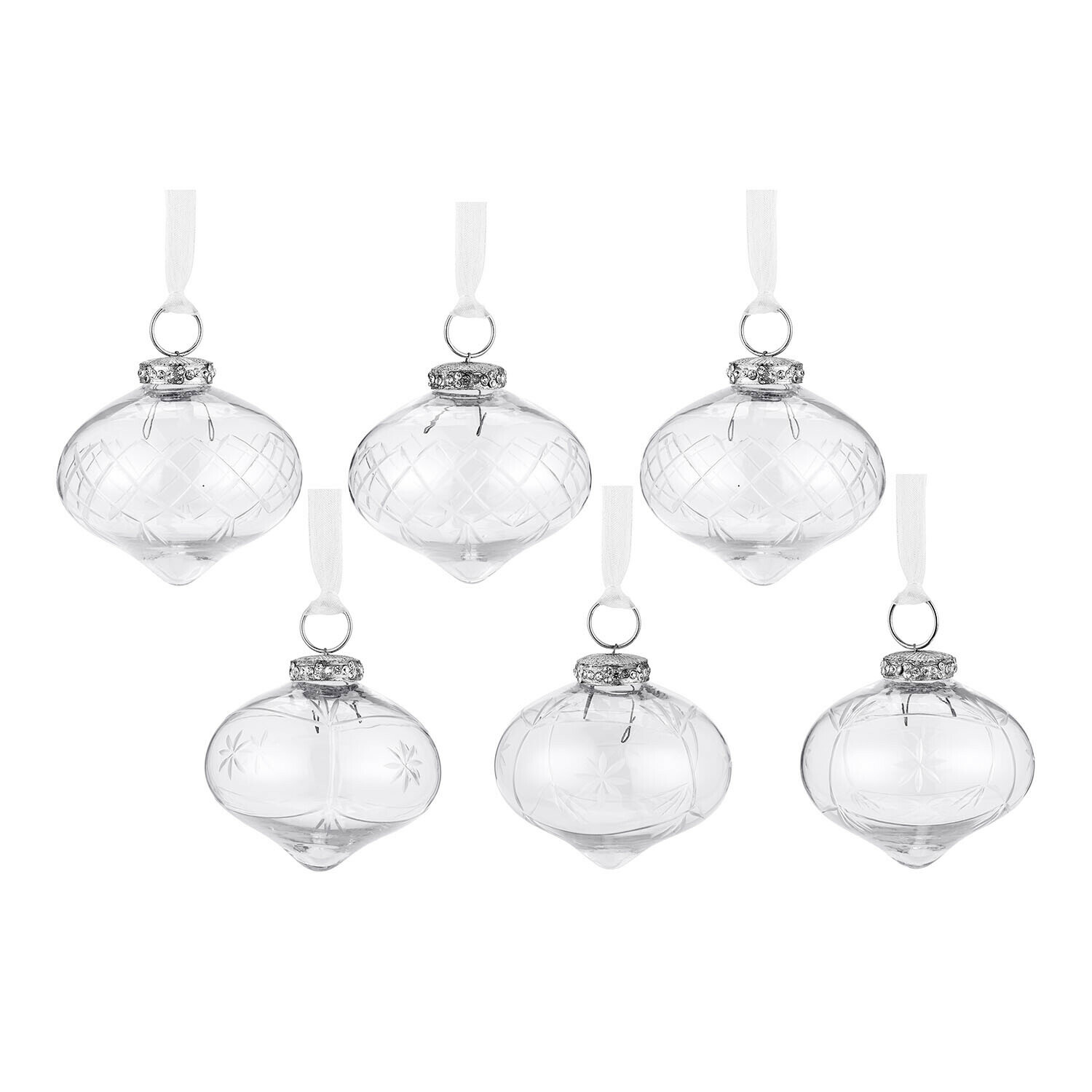 Weihnachtsschmuck 6er Set Cheshire Set mit sechs transparenten Glas-Weihnachtskugeln mit weissen Bändern und feinem Muster