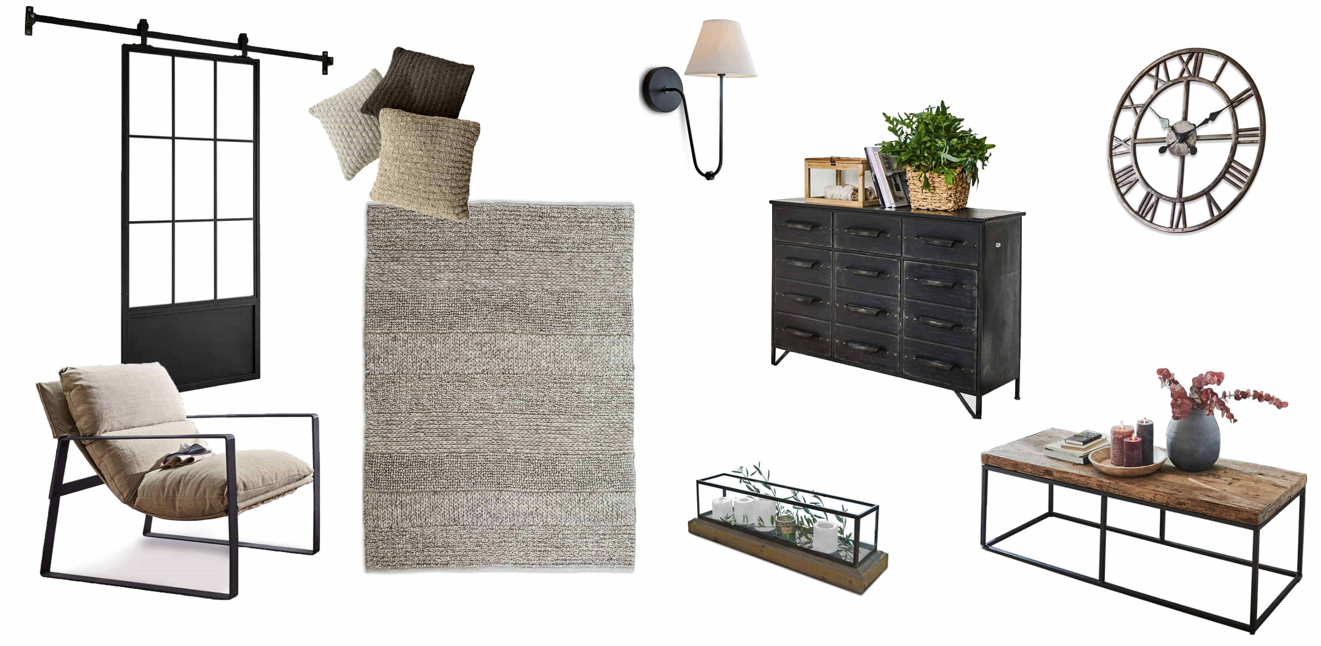 Industrielles Möbelset aus Metall und Holz in Schwarz und Beige mit Teppich und Kissen