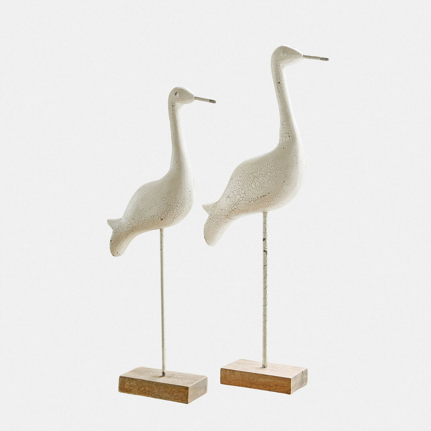 Deko-Kranich 2er Set Windale Weiße Vogel-Figuren aus Holz und Metall auf Sockel, dekorative Wohn- und Gartendekoration