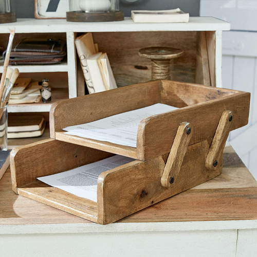 Klappbarer Dokumenten-Organizer aus Holz in Naturfarbe für Büro und Zuhause