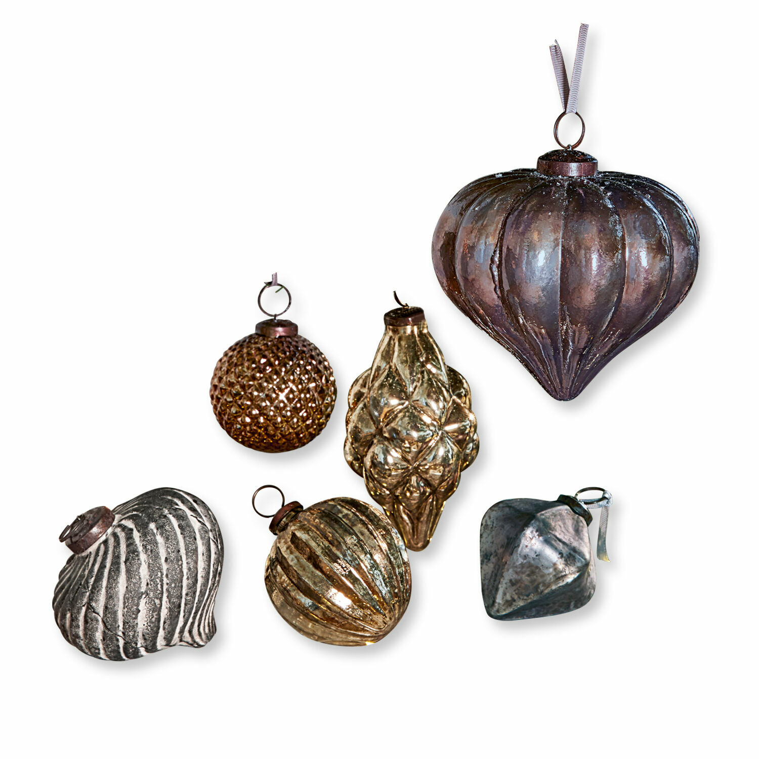 Weihnachtsschmuck 6er Set Alva Set aus sechs metallischen Weihnachtskugeln in verschiedenen Formen und Farben zur Baumschmuckdekoration