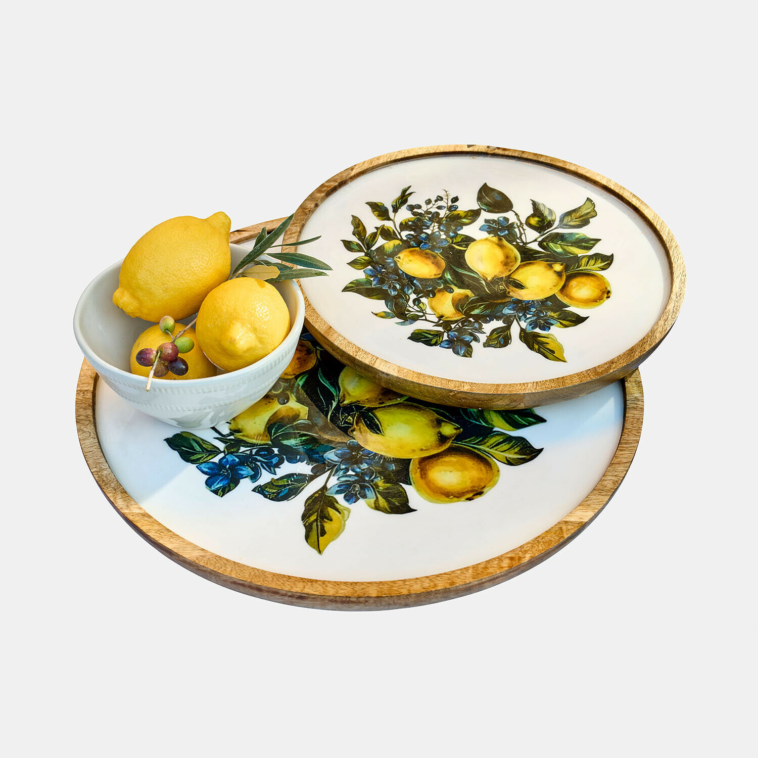 Tablett 2er Set Solianne Holztabletts mit Zitronen- und Blumenmotiv, weisse Schale mit Zitronen, bunte Tischdekoration