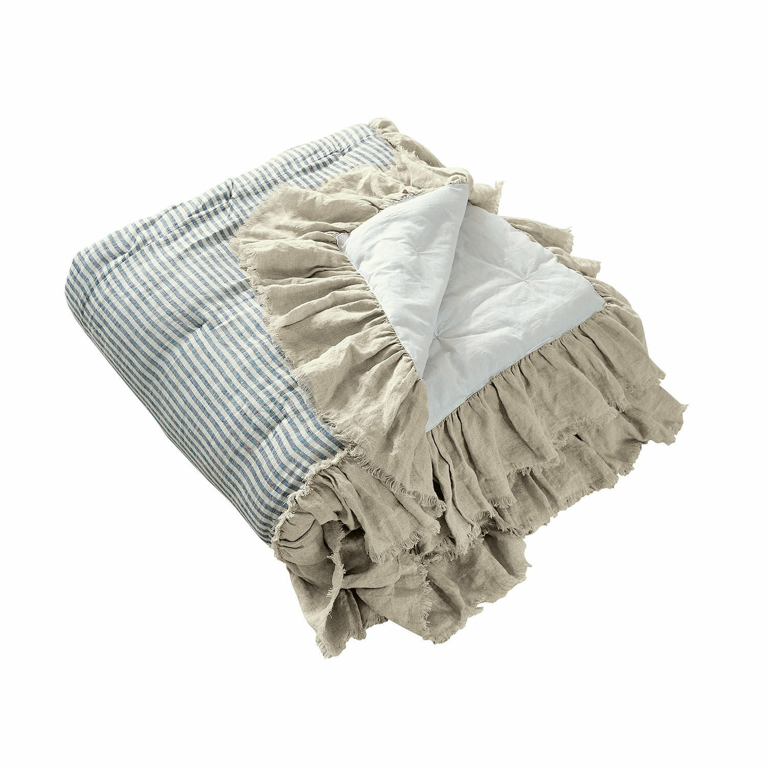 Quilt Alexane Gesteppte Leinenbettdecke in Beige mit blauen Streifen und Rüschen, dekorative Bettwäsche