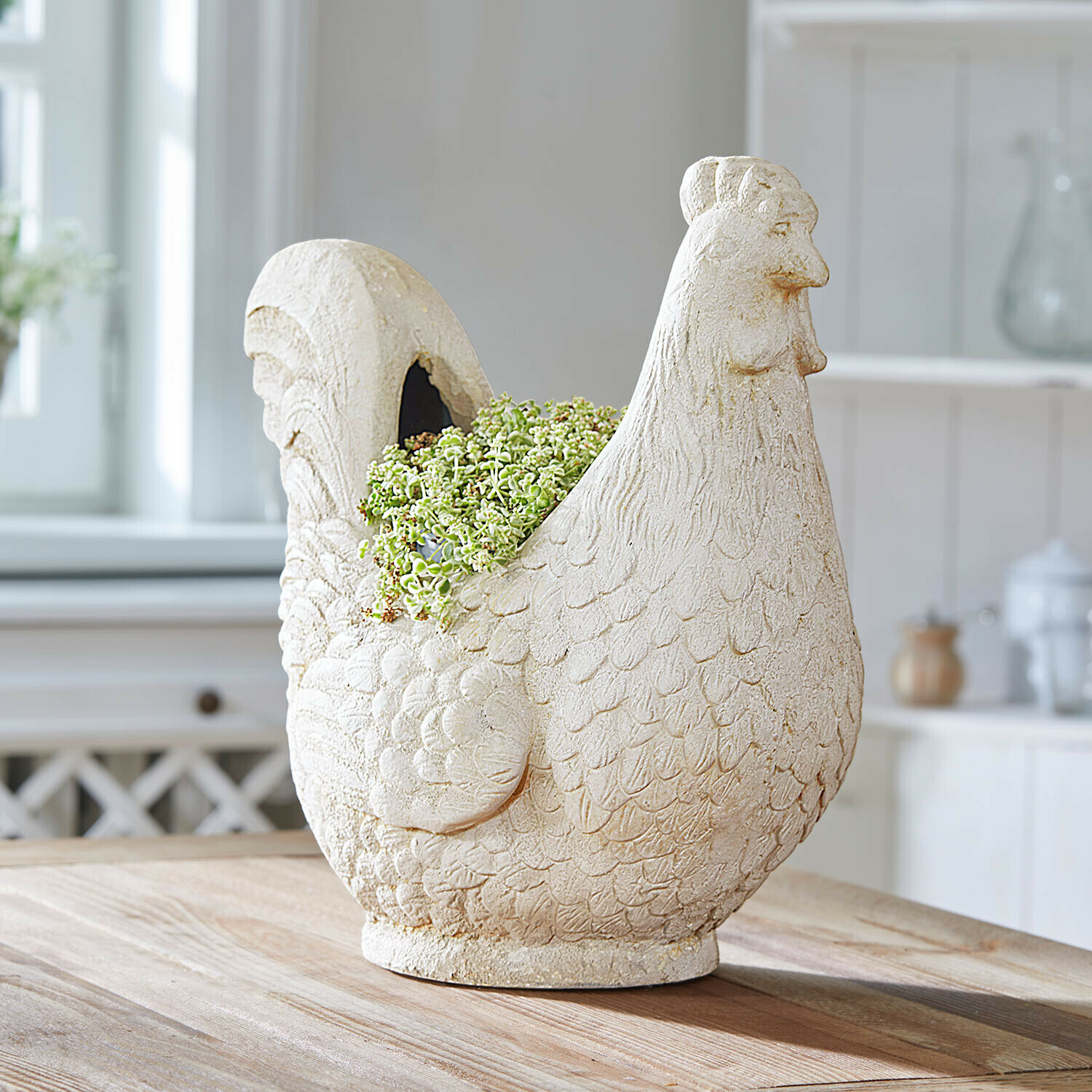 Übertopf Chêne d'Argent Helles Steingefäß in Hühnerform mit grüner Pflanze, dekorativer Blumentopf für Haus und Garten