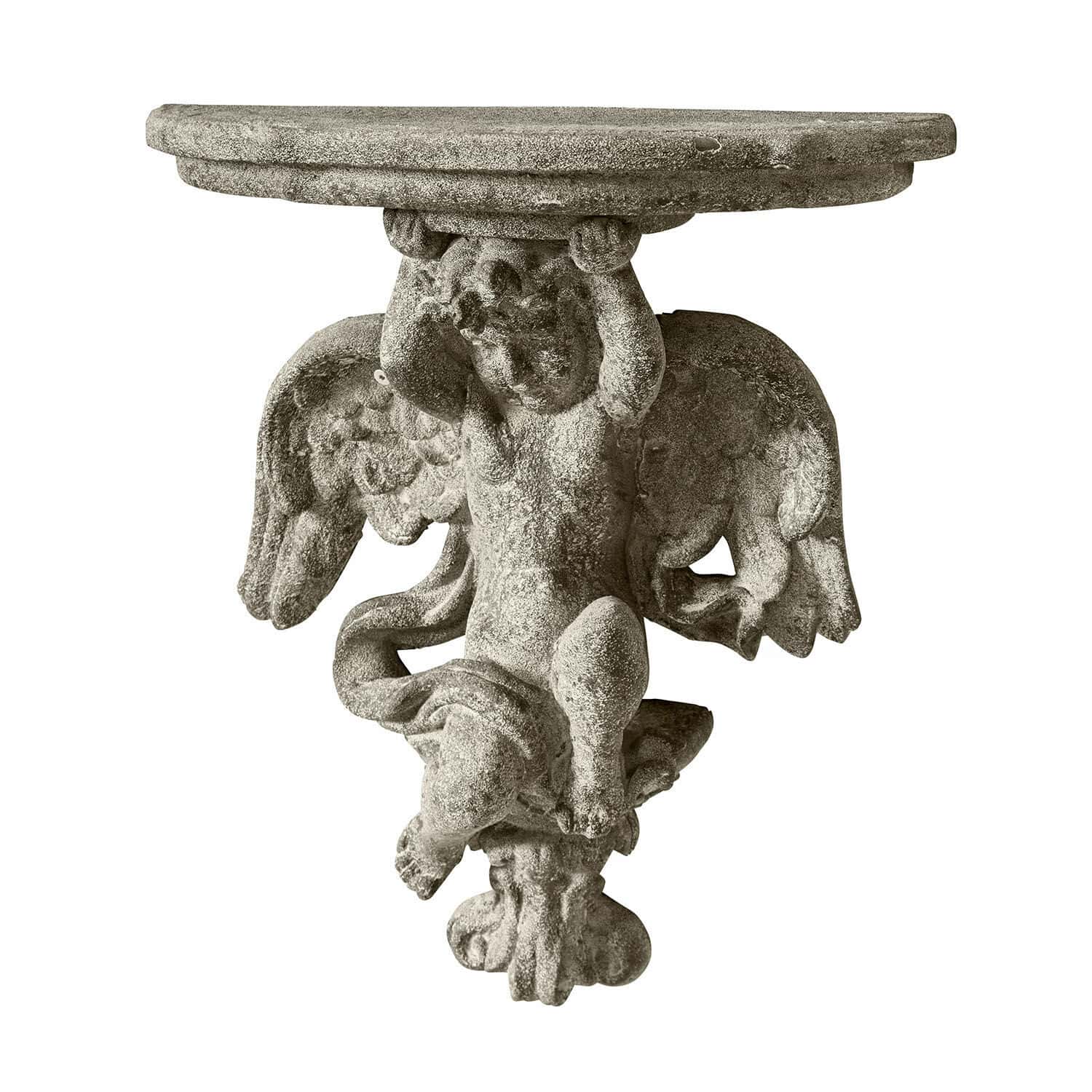 Wandregal Deronza Grauer Wandtisch aus Stein mit geschnitztem Engel, dekoratives Möbelstück für Garten oder Haus