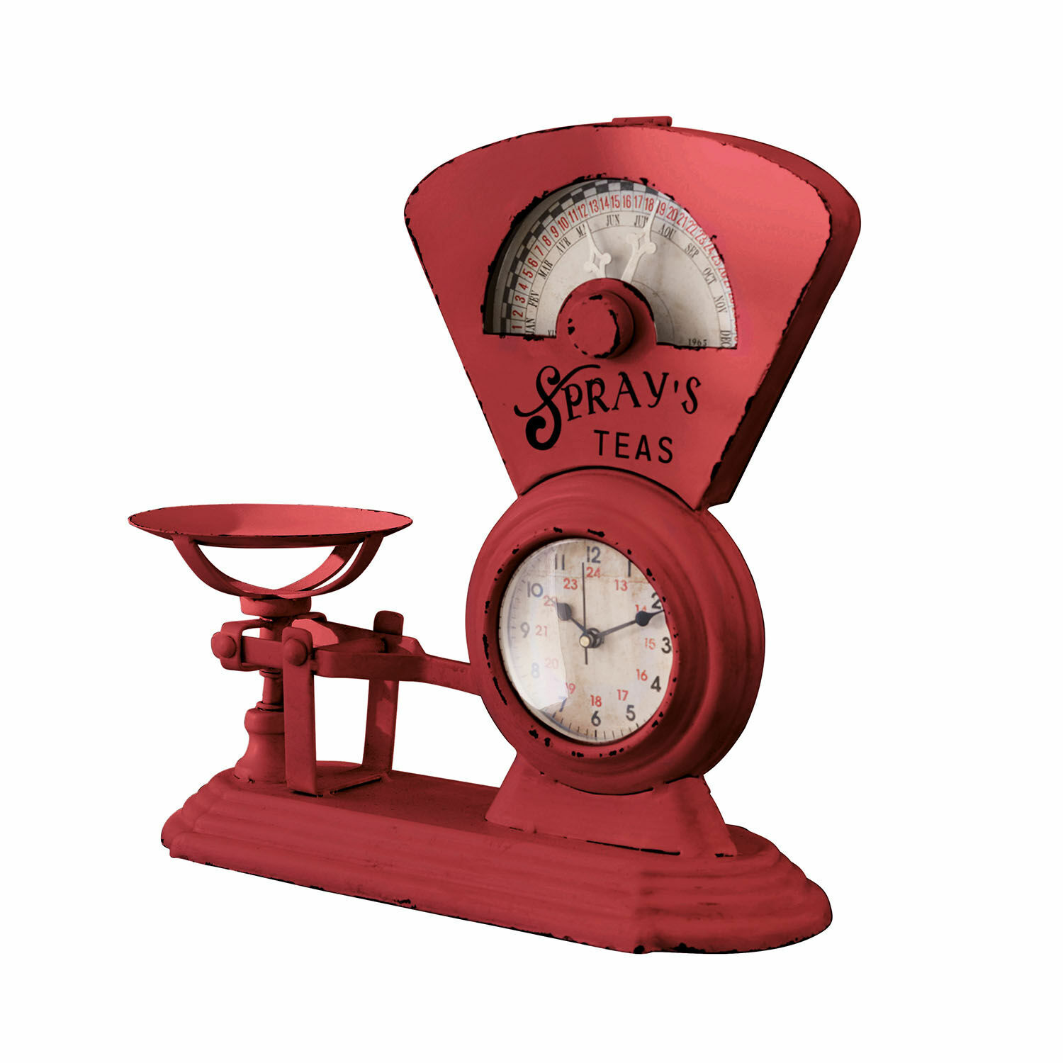 antikrot Rote Küchenwaage aus Metall mit Uhr und Schriftzug Spray's Teas im Vintage-Stil
