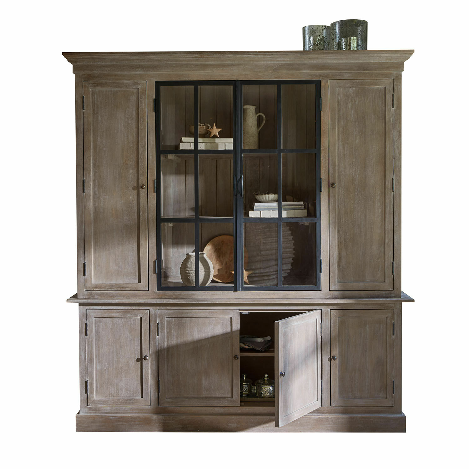 Schrank Valandor Grosser Holzschrank mit Glastüren und Regalen in natürlicher Farbe, Wohnzimmermöbel