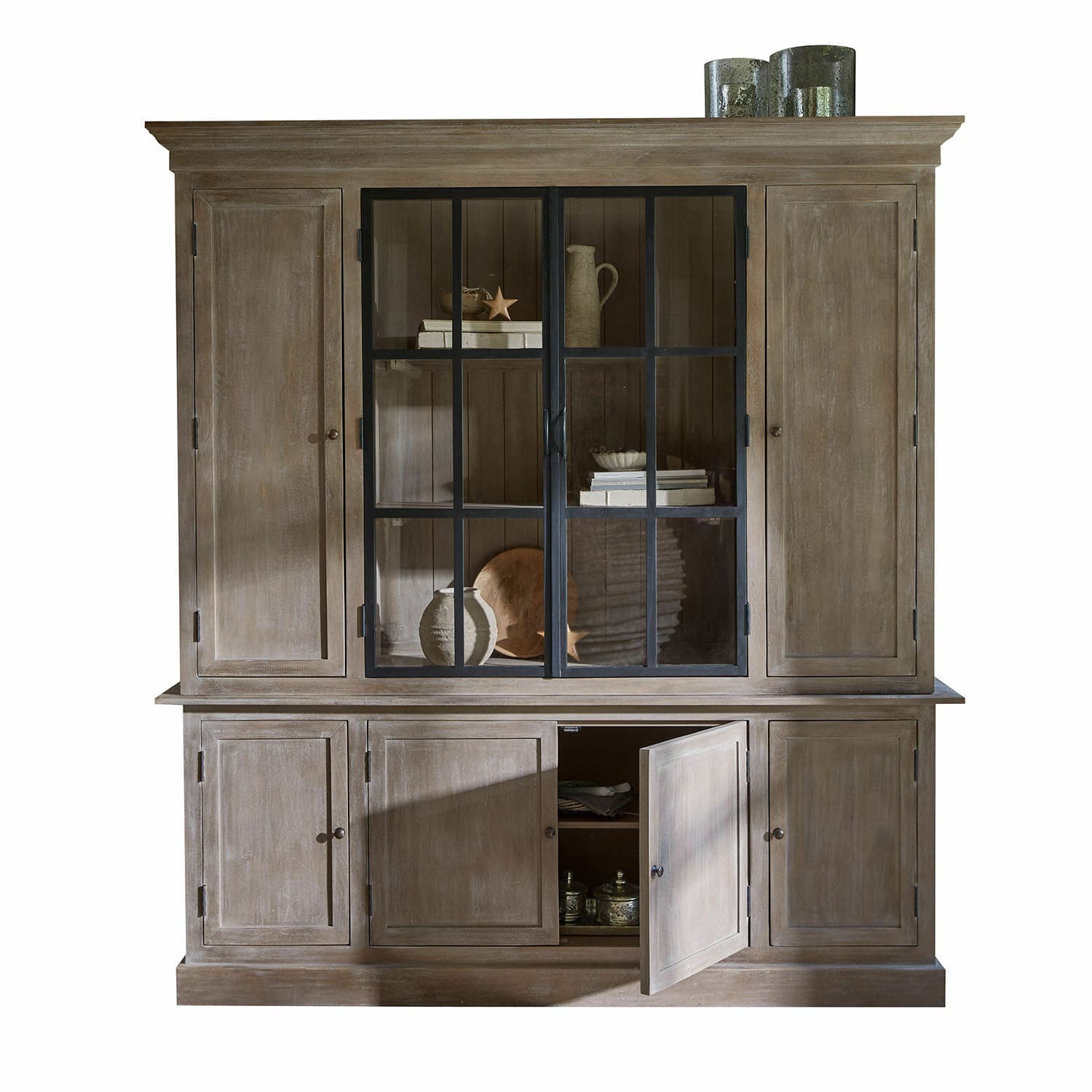 Schrank Valandor Grosser Holzschrank mit Glastüren und Regalen in natürlicher Farbe, Wohnzimmermöbel