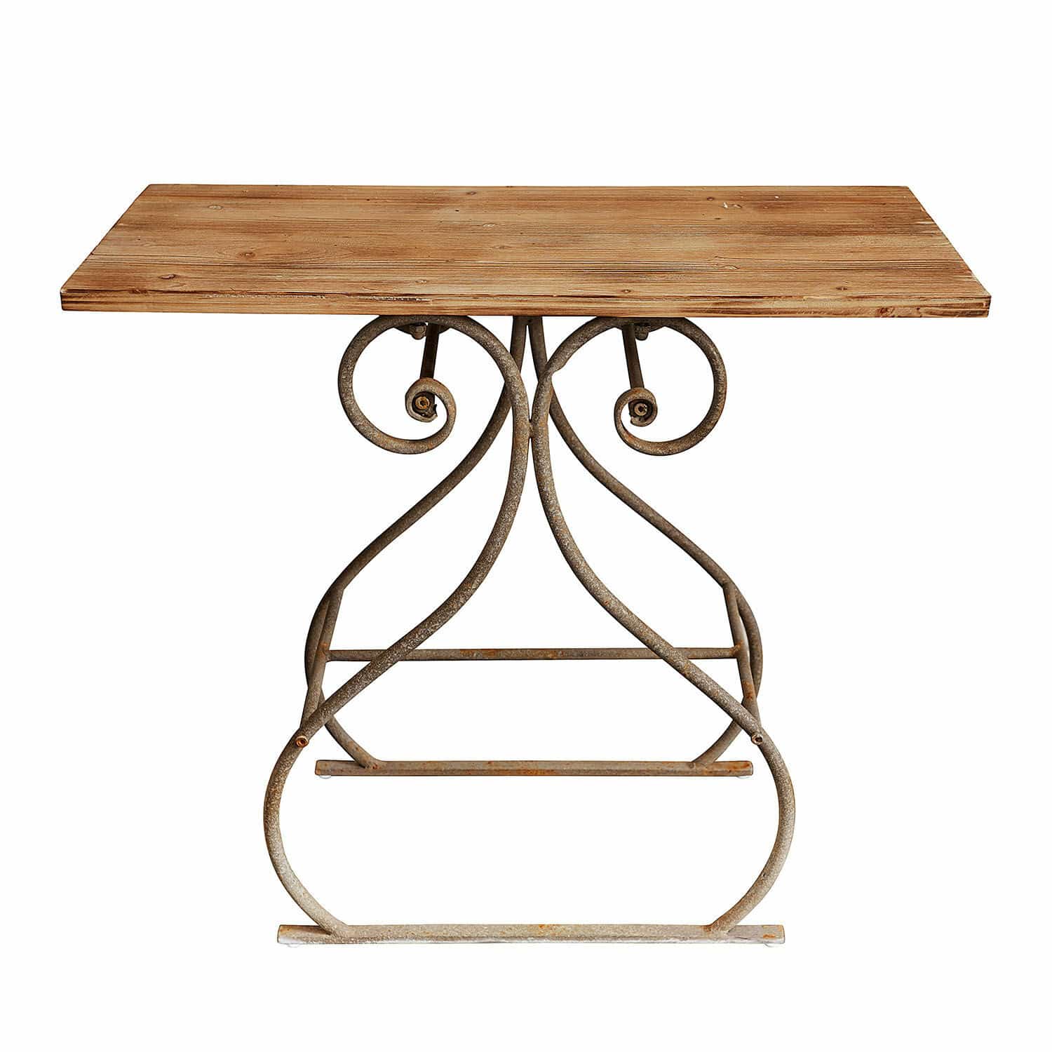 Konsole Clermontis Tisch mit heller Holzplatte und Metallgestell mit dekorativen Schwüngen, rustikaler Stil