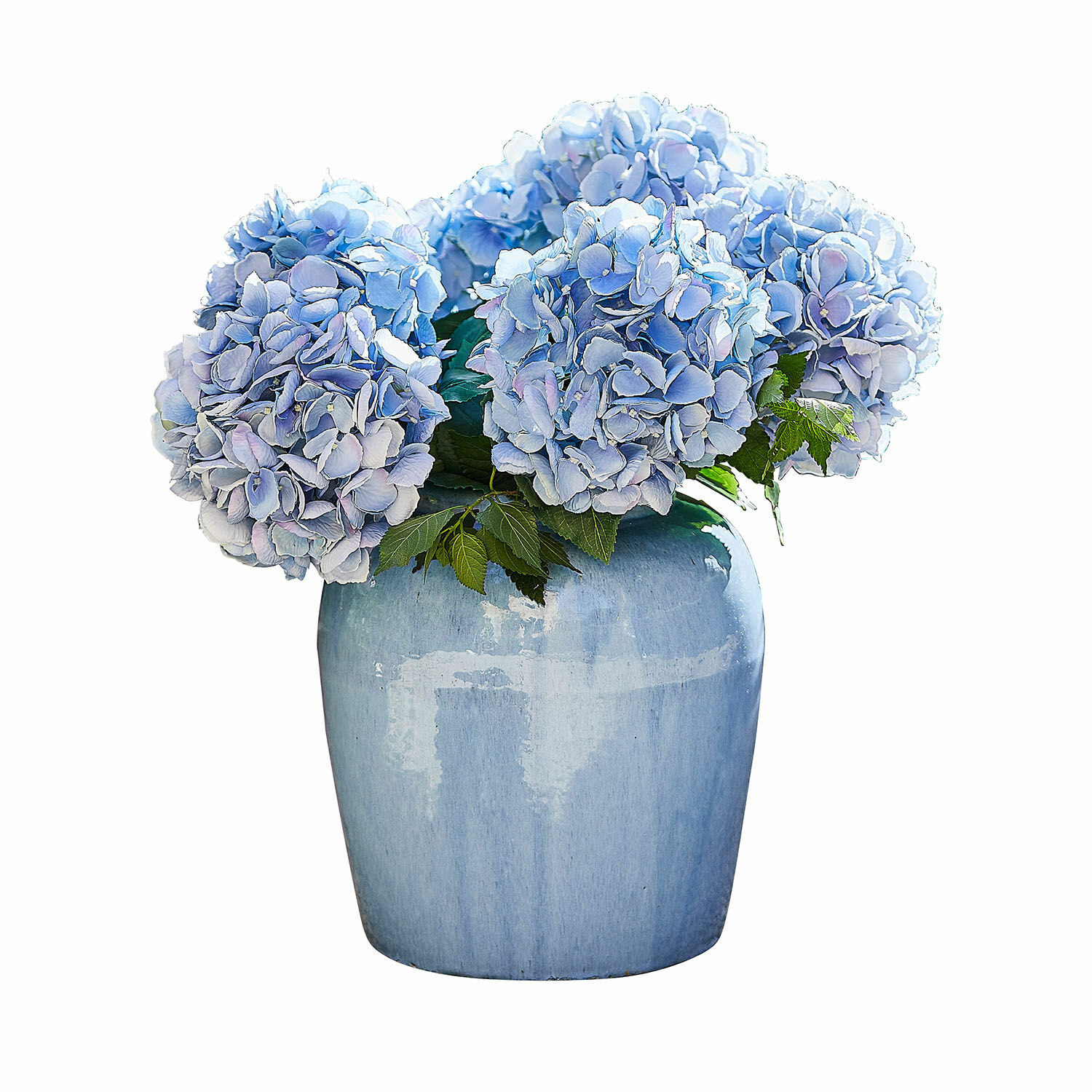 Vase Uxemir Blaue Keramikvase mit hellblauen Hortensien, Wohnaccessoire und Blumenarrangement