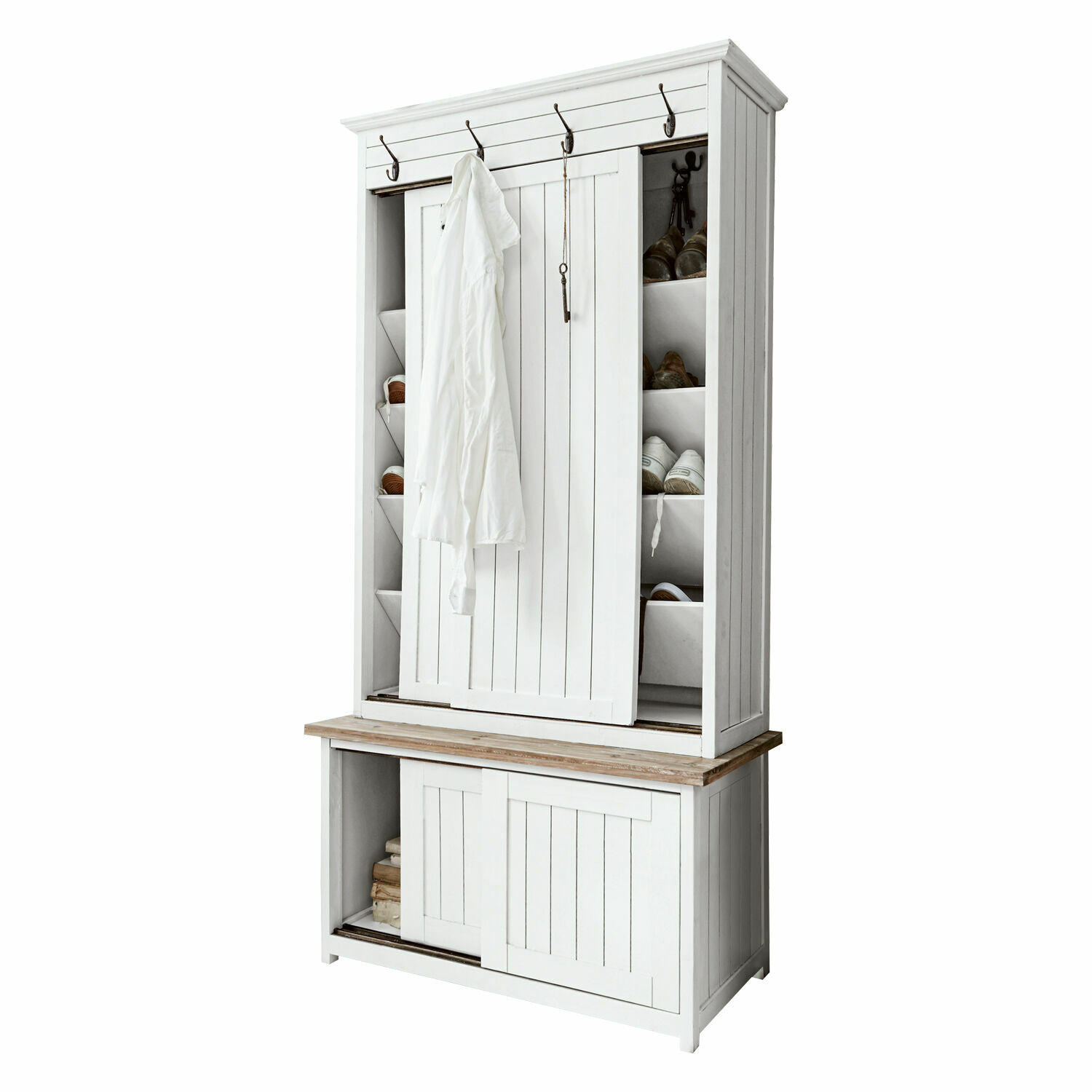 Garderobe Remerton Weisser Holzschrank mit Schuhregalen und Kleiderhaken für den Gang