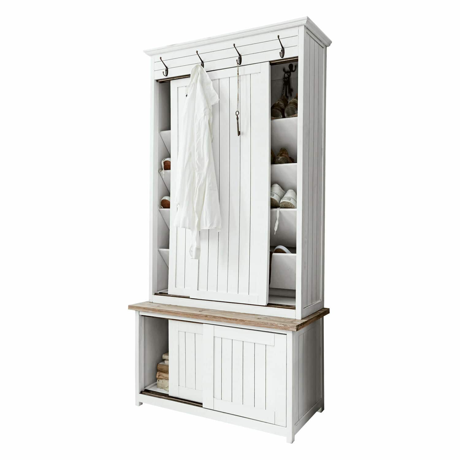 Garderobe Remerton Weisser Holzschrank mit Schuhregalen und Kleiderhaken für den Gang
