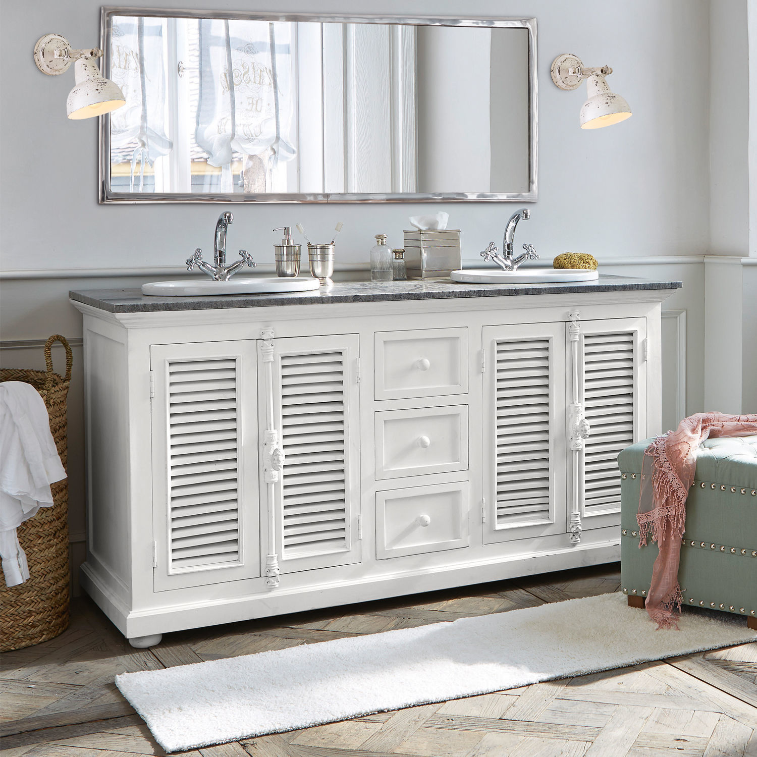Doppelwaschtisch South Paris Weisse Holz-Badezimmerkommode mit zwei Waschbecken und Spiegel, dekorativer Vintage-Stil
