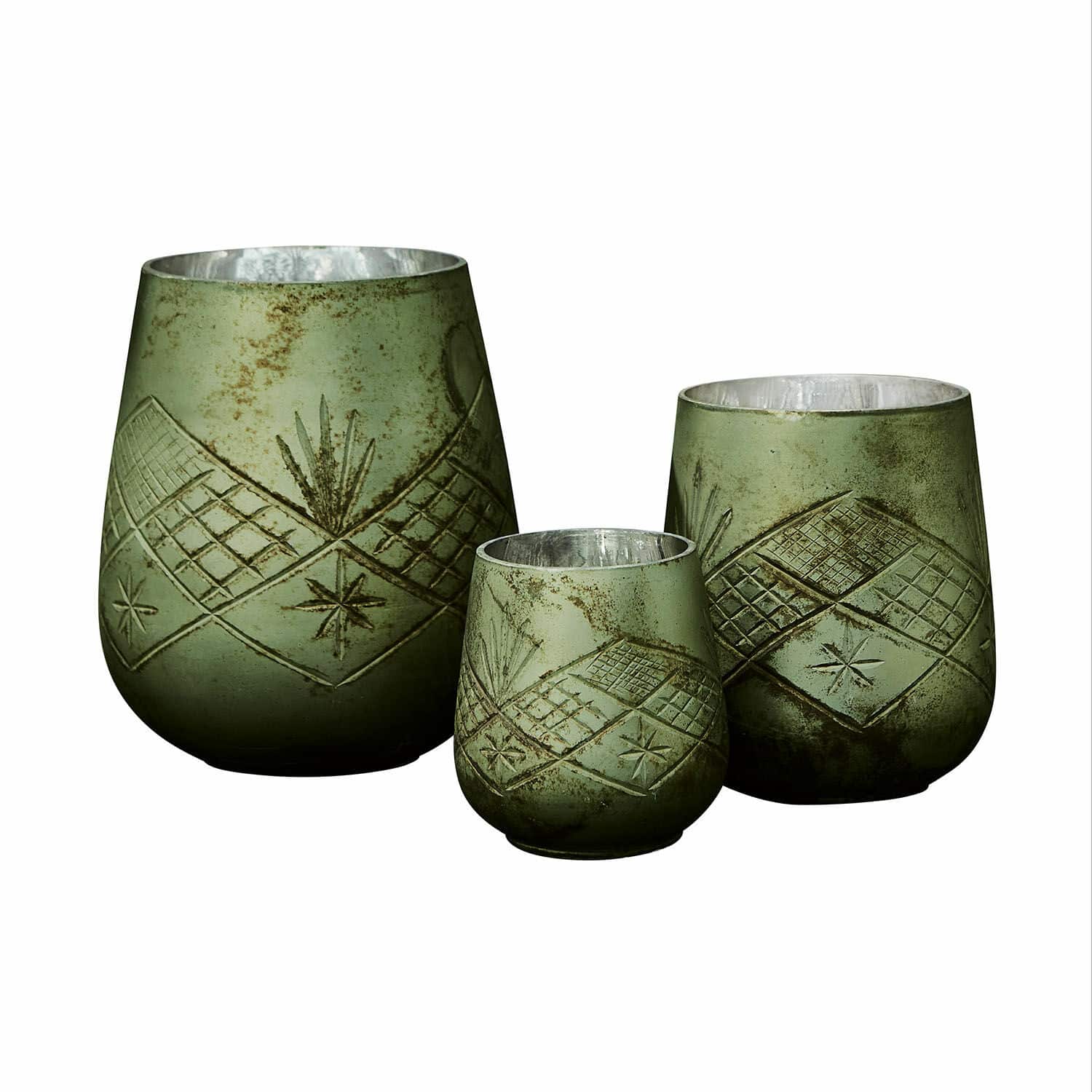 Windlicht 3er Set Vitas Dreiteiliges Set grüner Windlichter mit metallischem Innenraum und Sternmuster, Wohnaccessoire