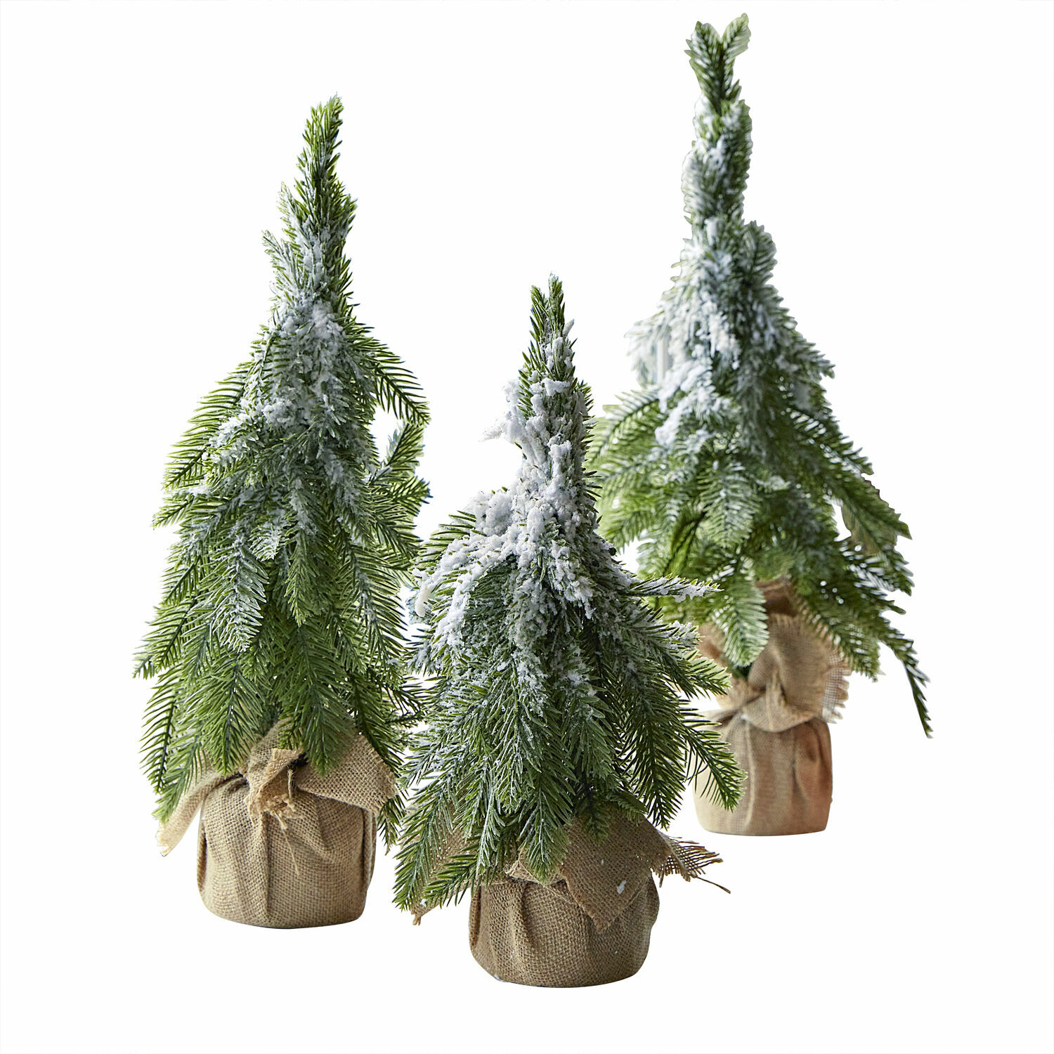 Deko-Baum 3er Set Selitor Drei künstliche Tannen mit grünen Nadeln und weissem Schnee, in Jute eingewickelt, Weihnachtsdekoration