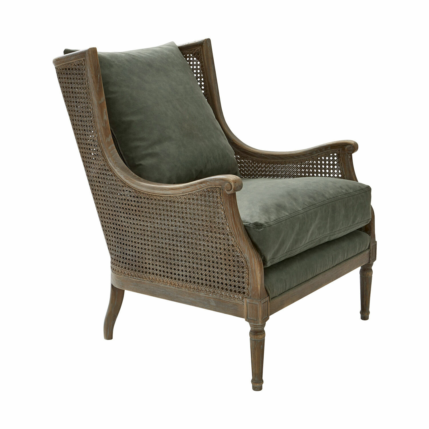 Sessel Greenbrier Sessel aus Holz und Geflecht mit grünen Kissen aus weichem Stoff für das Wohnzimmer
