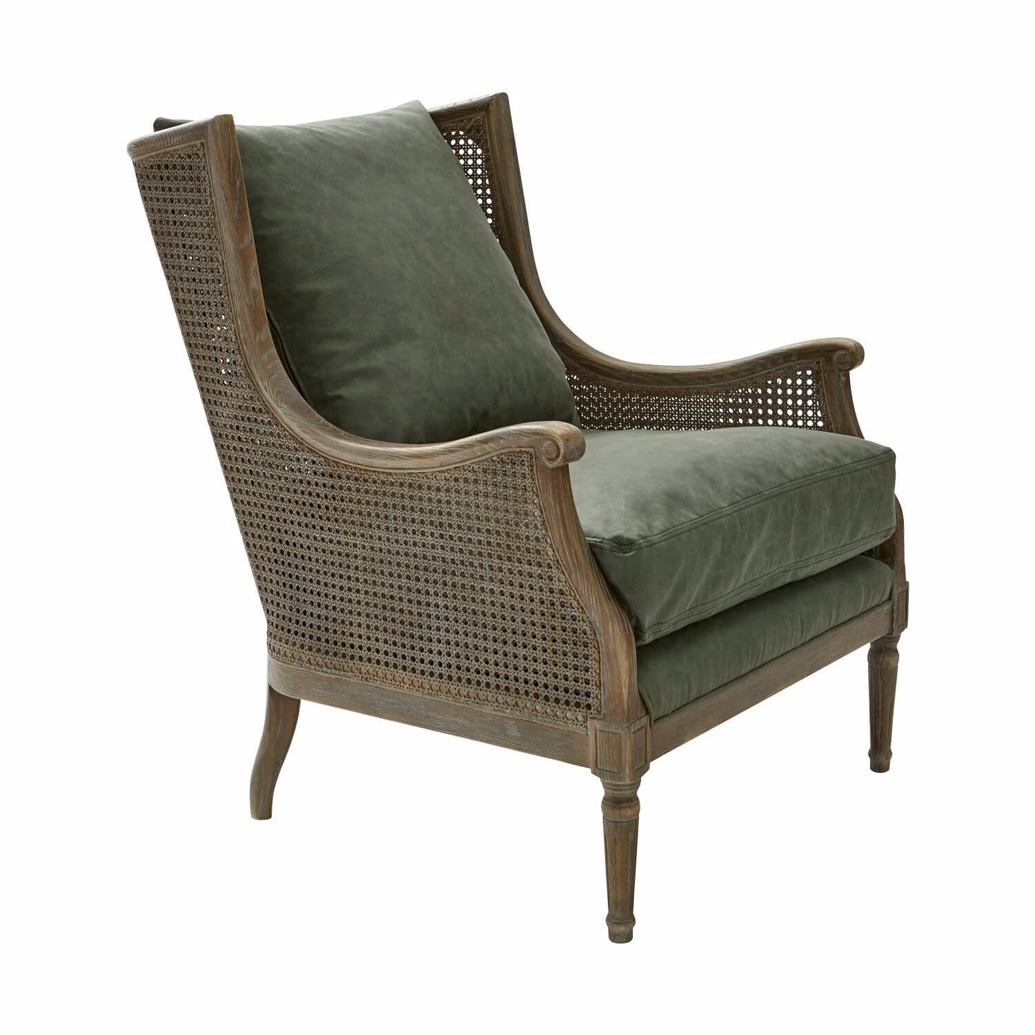Sessel Greenbrier Sessel aus Holz und Geflecht mit grünen Kissen aus weichem Stoff für das Wohnzimmer