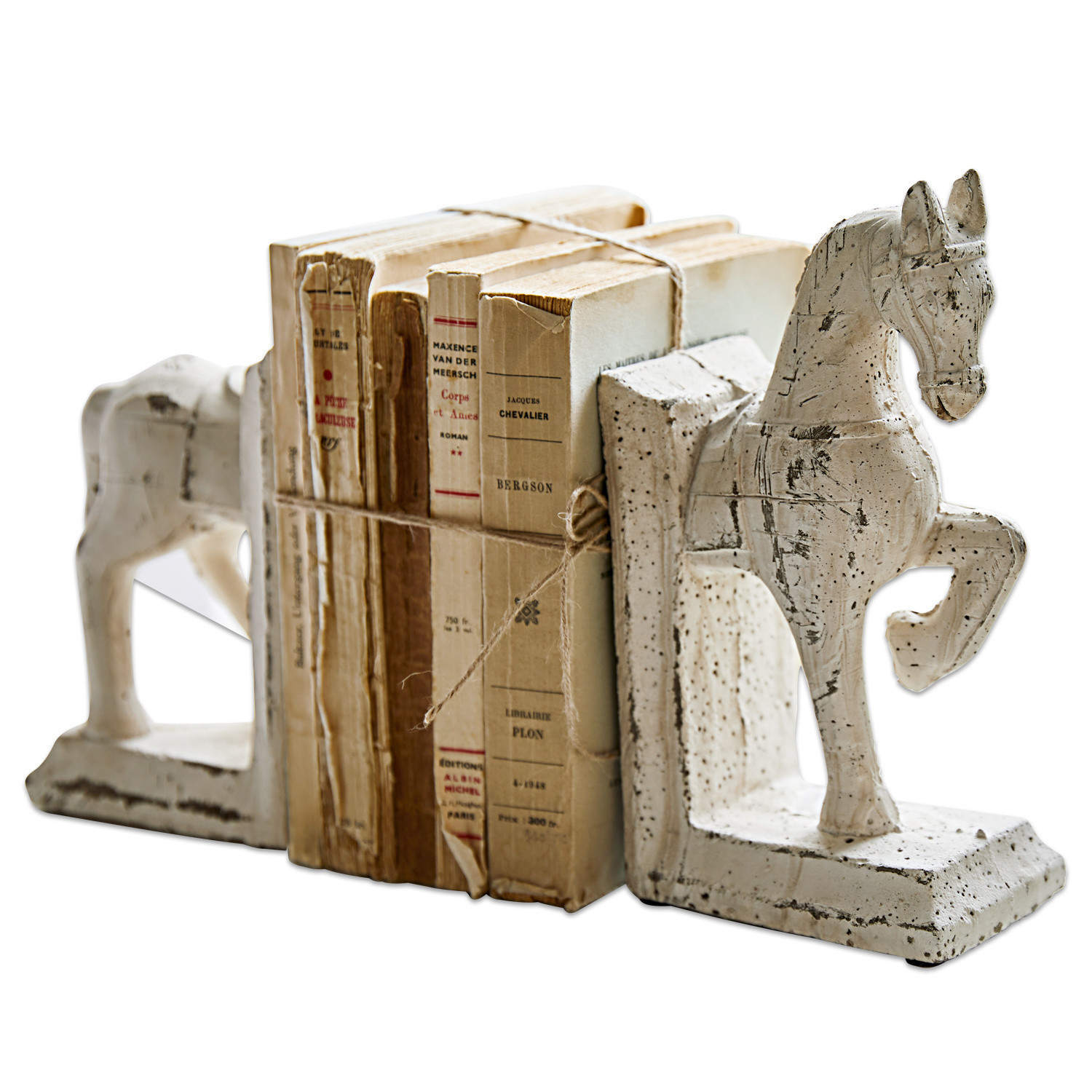 Buchstütze 2er Set Horses Weisse Buchstützen aus Stein in Pferdeform mit antikem Look für stilvolle Wohnakzente