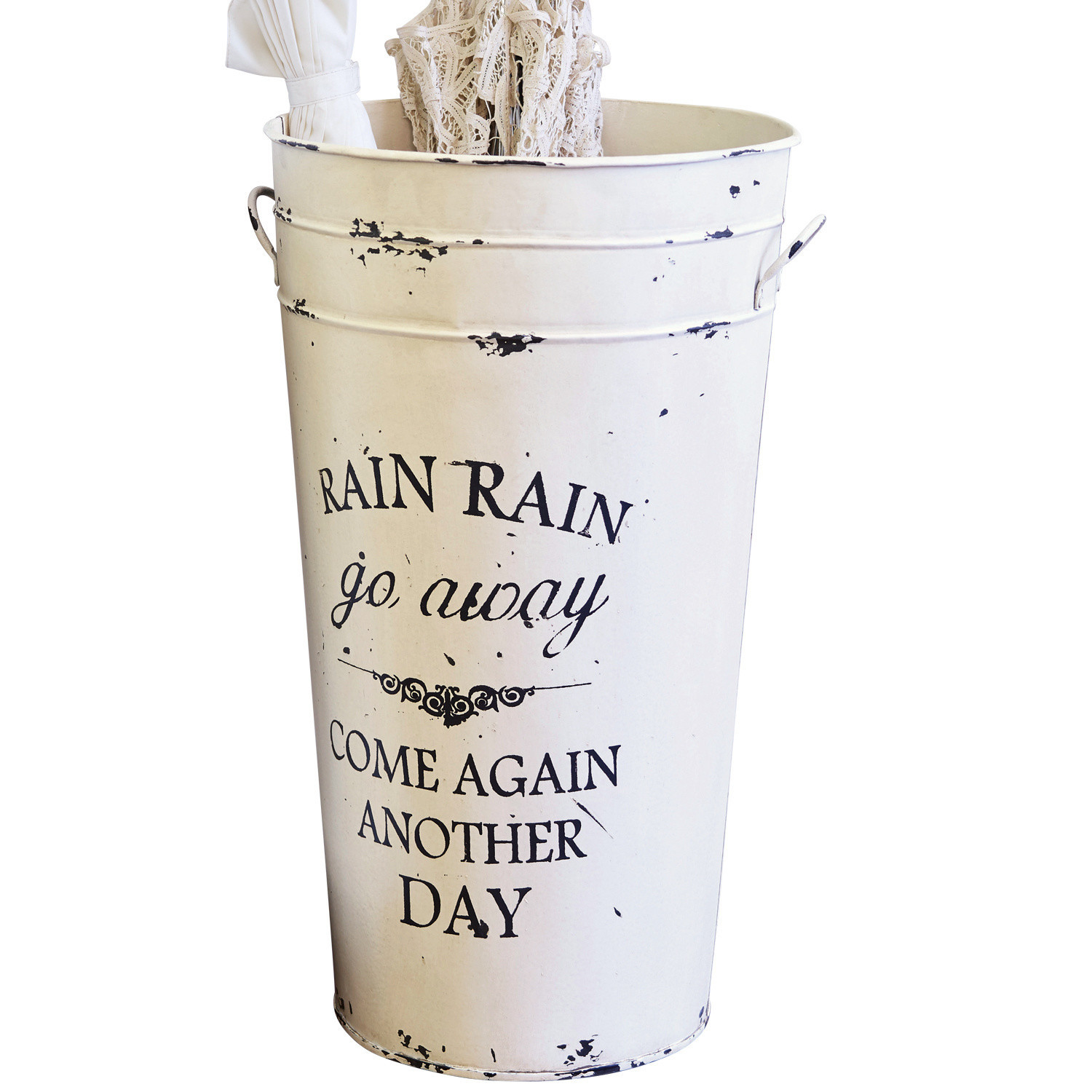 Schirmständer Rain Weisser Metall-Regenschirmständer mit Schriftzug „Rain Rain go away“ und Used-Look