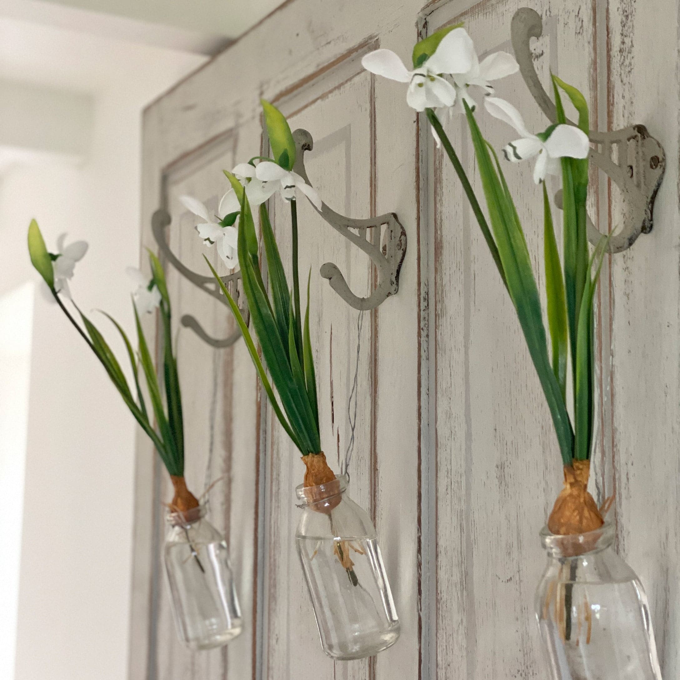 Drei weisse Blumen in Glasflaschen, an Metallhaken an einer Holztür hängend