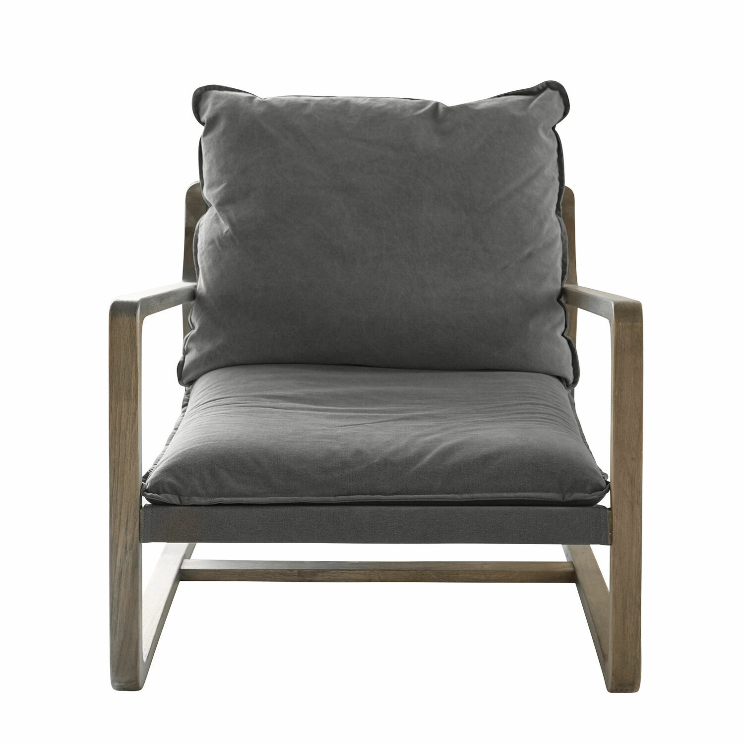 grau/braun Sessel Jowna mit grauem Stoffbezug und braunem Holzgestell, moderner Wohnzimmerstuhl
