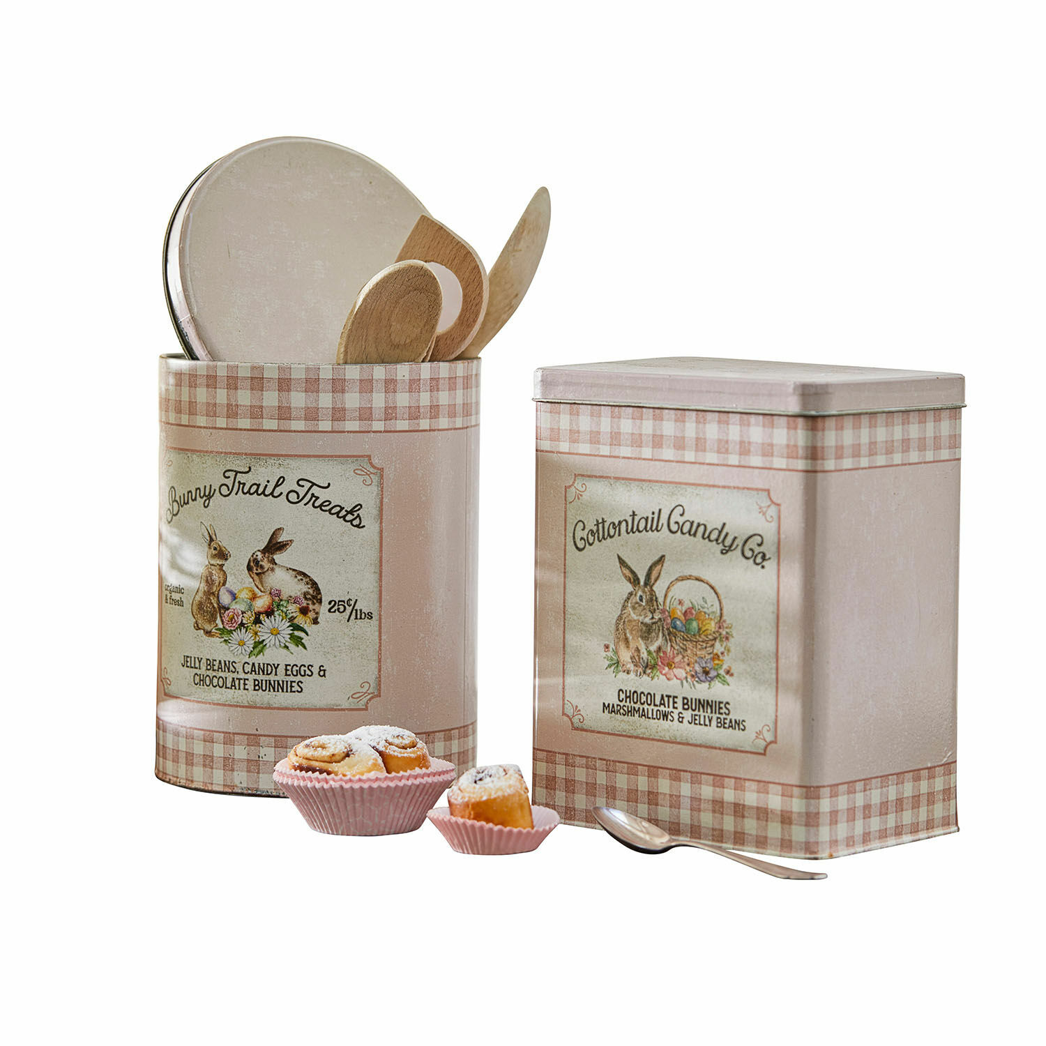 Dose 2er Set Cottontail Metallbehälter mit rosa Karomuster und Hasenmotiv sowie Holzlöffeln für die Küche