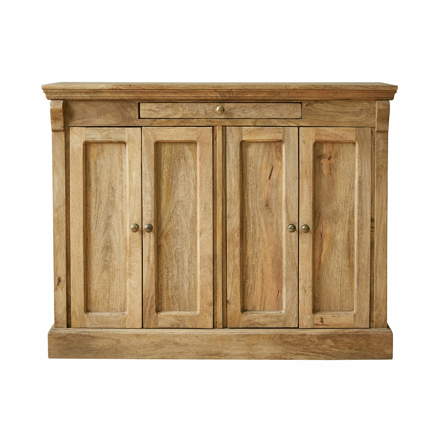Sideboard aus Mangoholz in Naturfarbe mit vier Türen und einer Schublade für Stauraum.