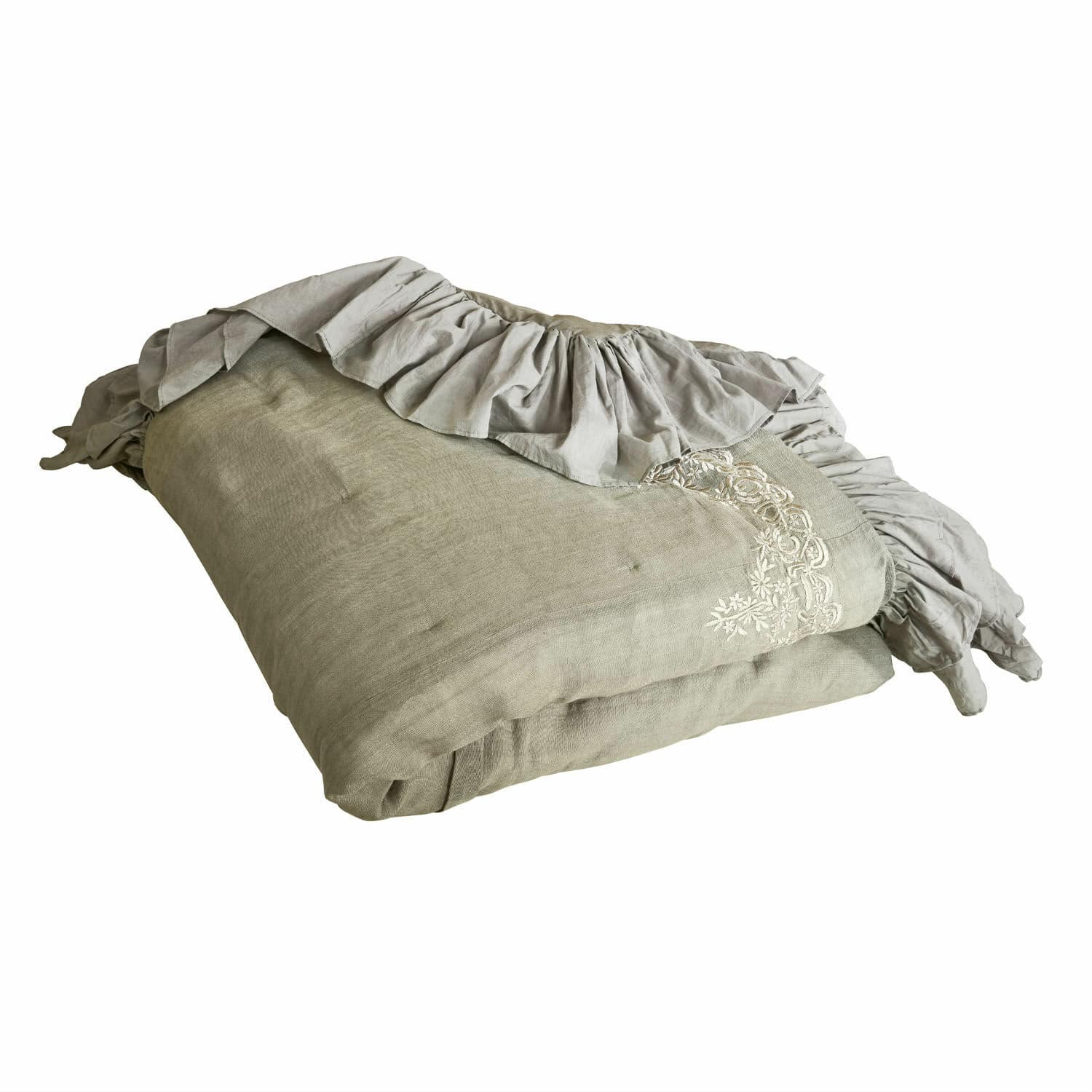 Quilt Therese Beige Leinenbettwäsche mit Rüsche und Stickerei, dekorativer natürlicher Stoff für das Schlafzimmer
