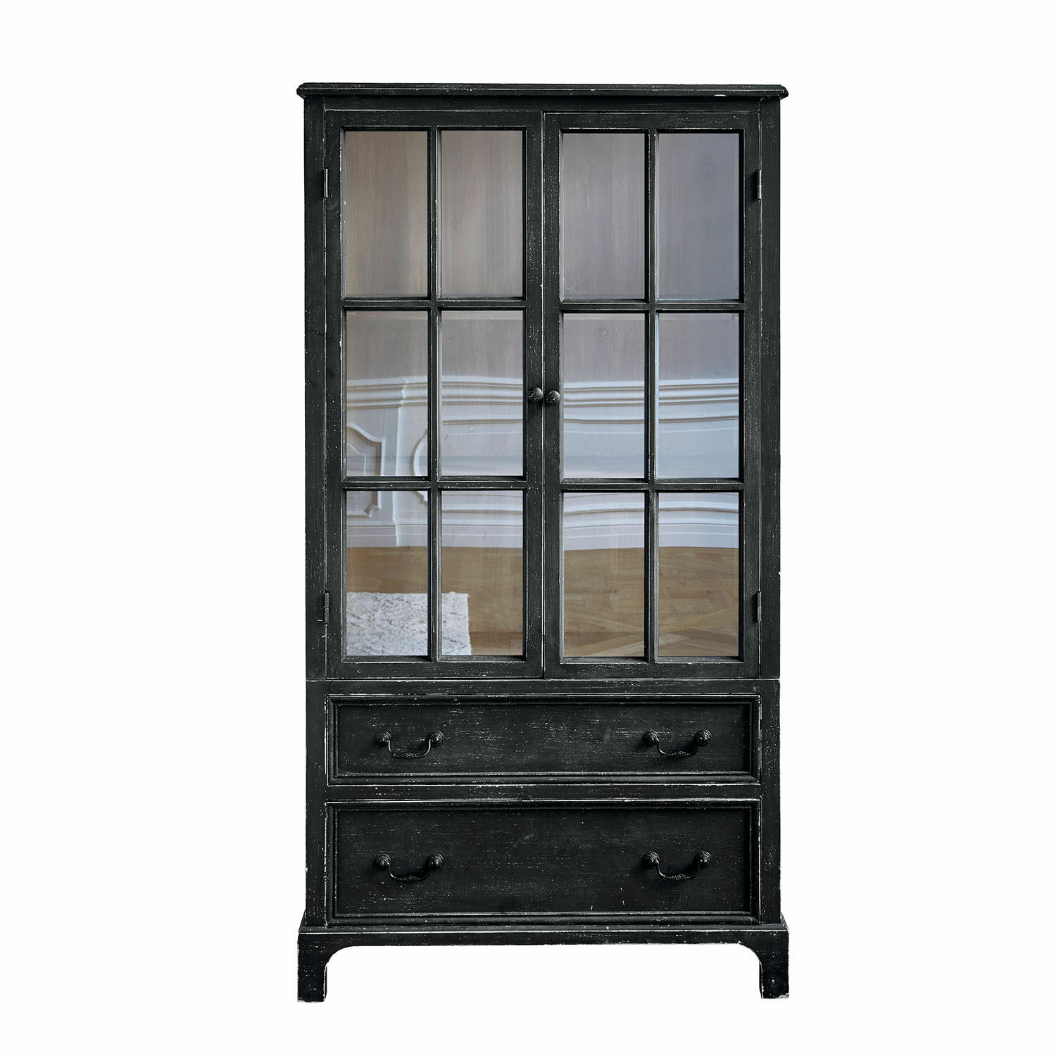 Antikschwarzer Holzschrank Jarrowfield mit Glastüren und zwei Schubladen, elegantes Wohnzimmermöbel