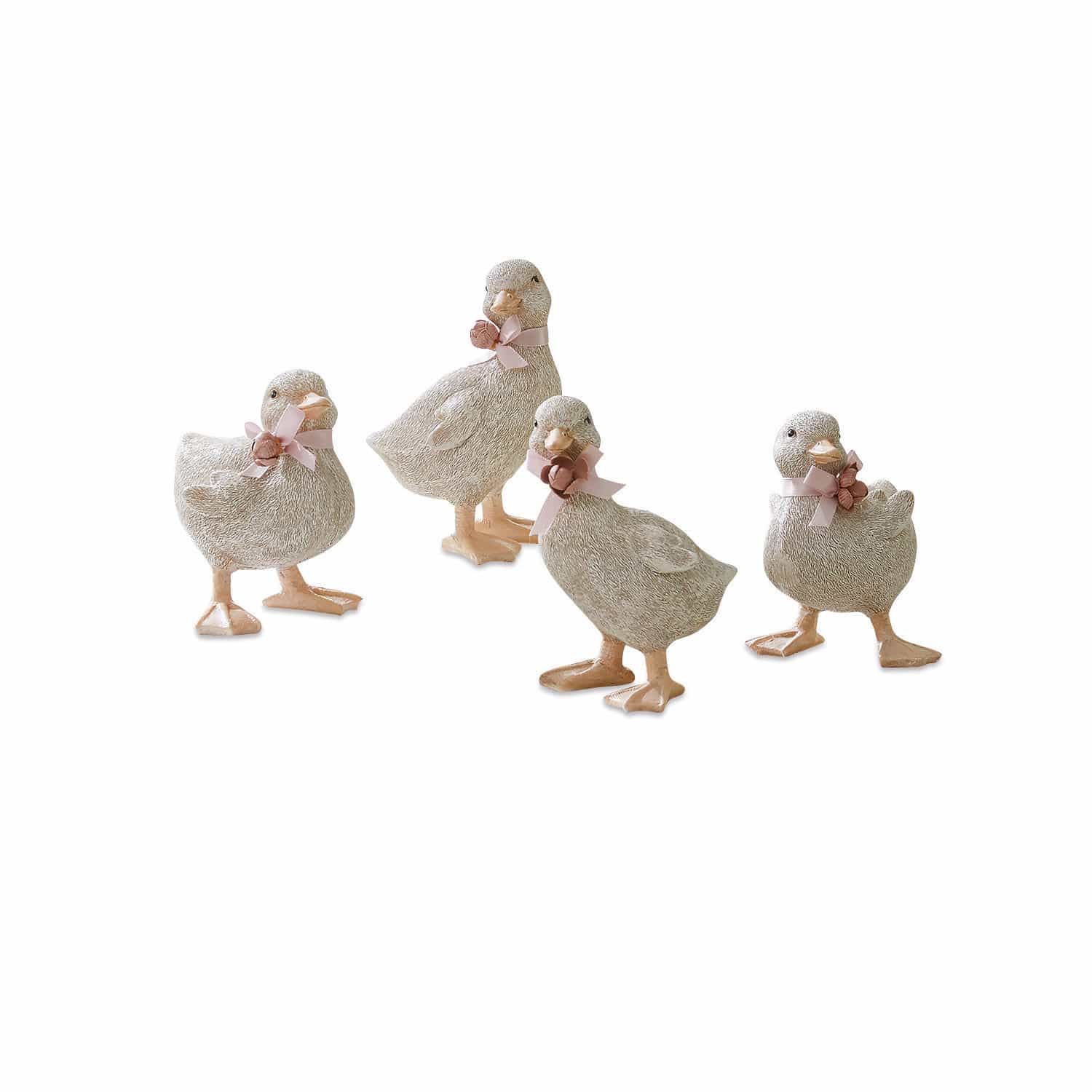 Küken 4er Set Orélie Set aus vier grauen Deko-Enten aus Kunststoff mit rosa Schleifen für die Wohnraumdekoration