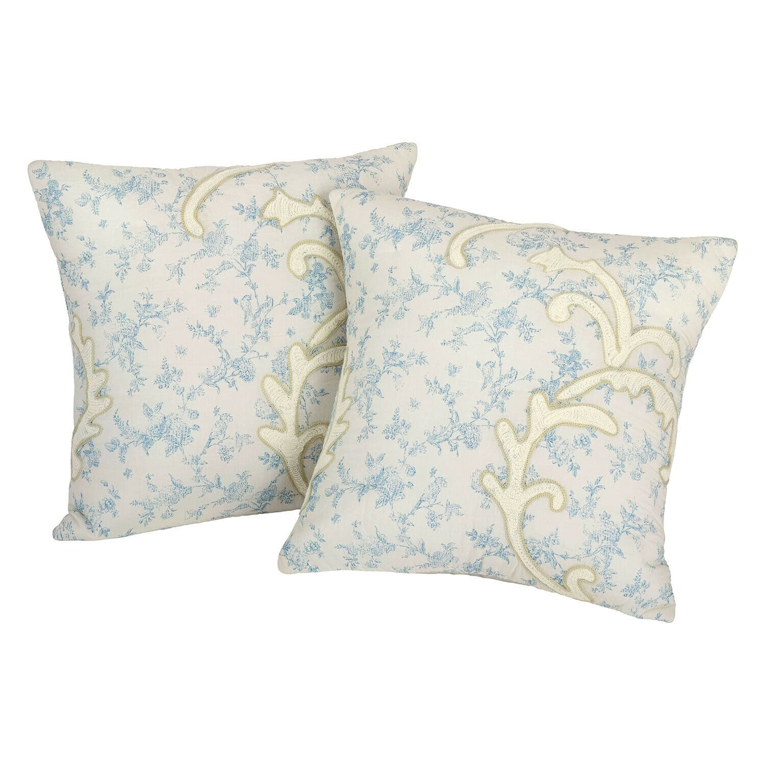 Kissenhülle 2er Set Rocaille Étoilée Paar dekorative Baumwollkissen in Creme mit blauem Blumenmuster und feiner Stickerei