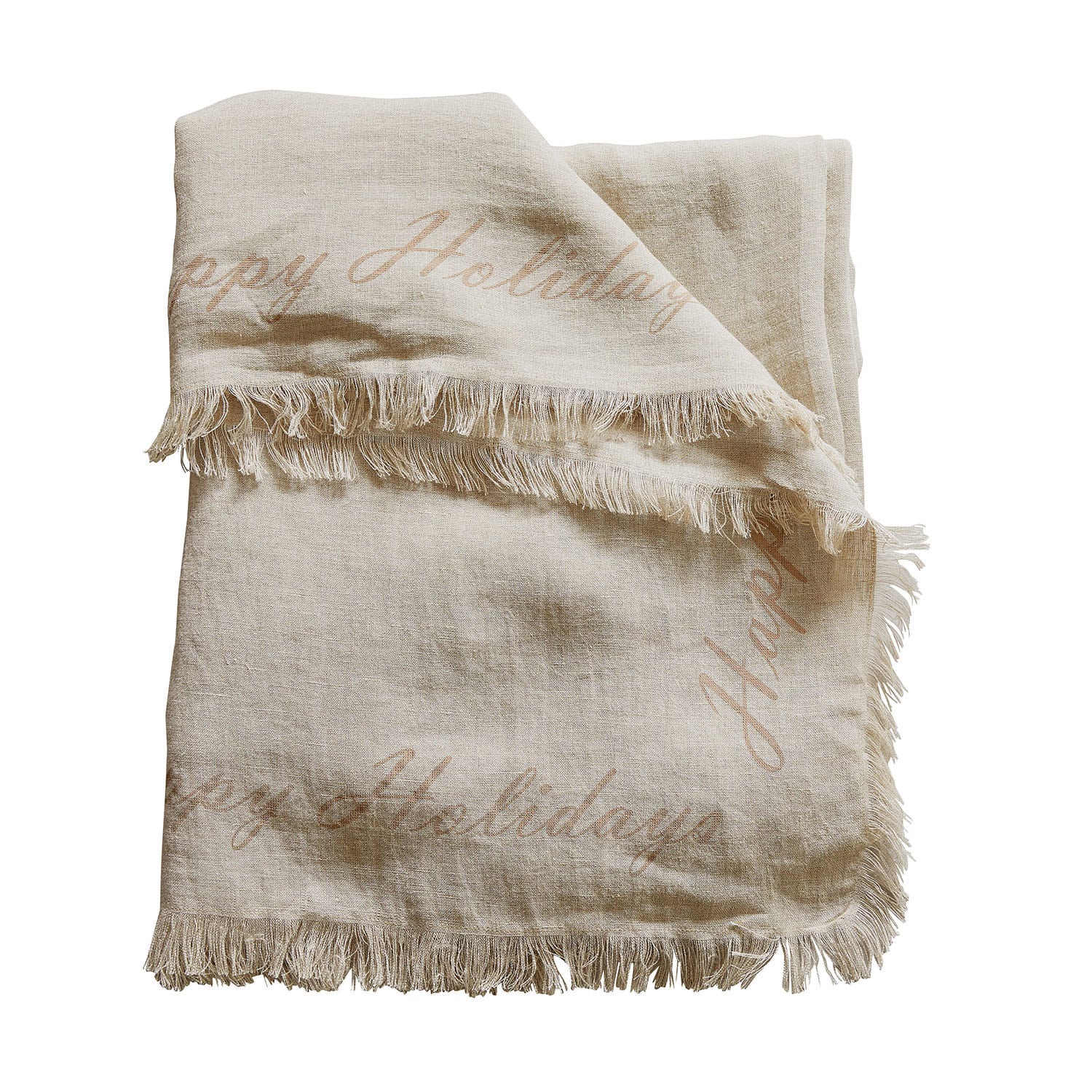 Beige Leinen-Decke mit Fransen und Aufschrift Happy Holidays, dekorativer und weicher Plaid