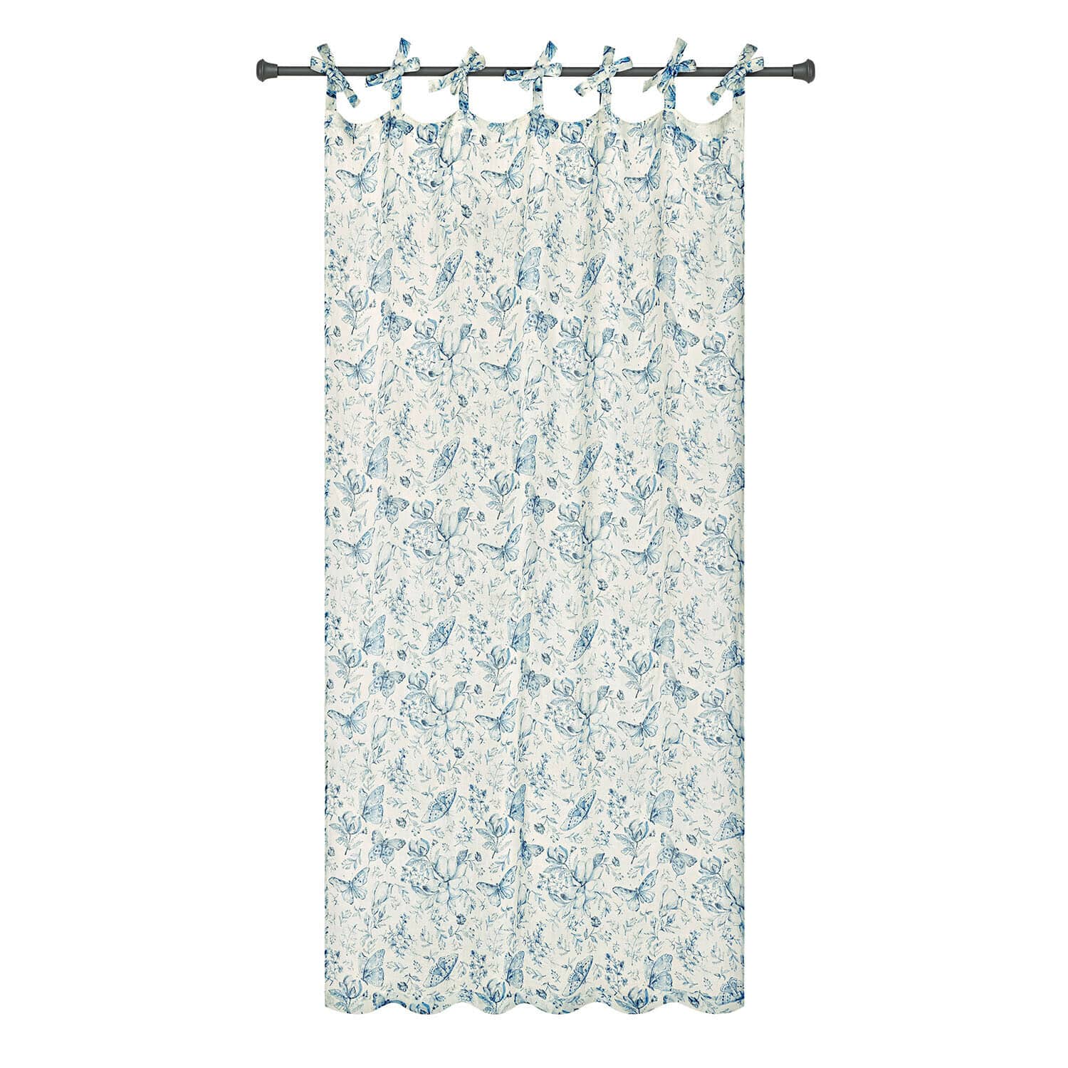 Baumwollvorhang in Creme mit blauem Schmetterlings- und Blumenmuster, dekorativ fürs Wohnzimmer