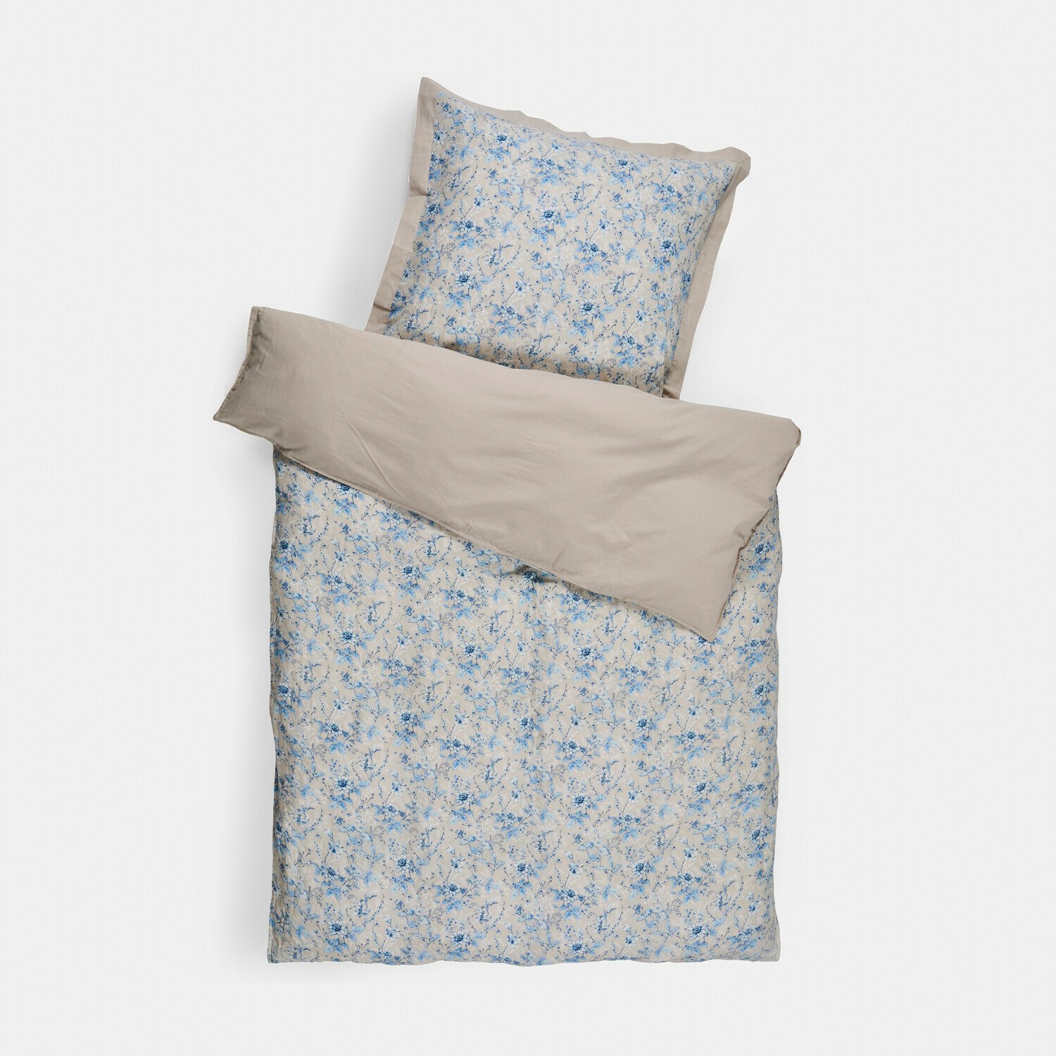 Bettwäsche Vailenne Baumwoll-Bettwäsche in Beige mit blauem Blumenmuster, inklusive Kissenbezug