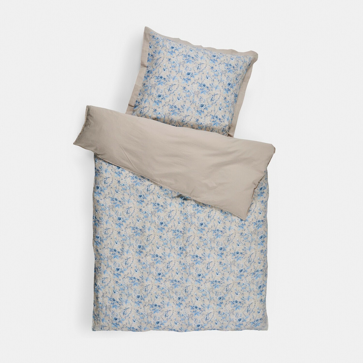 Bettwäsche Vailenne Baumwoll-Bettwäsche in Beige mit blauem Blumenmuster, inklusive Kissenbezug