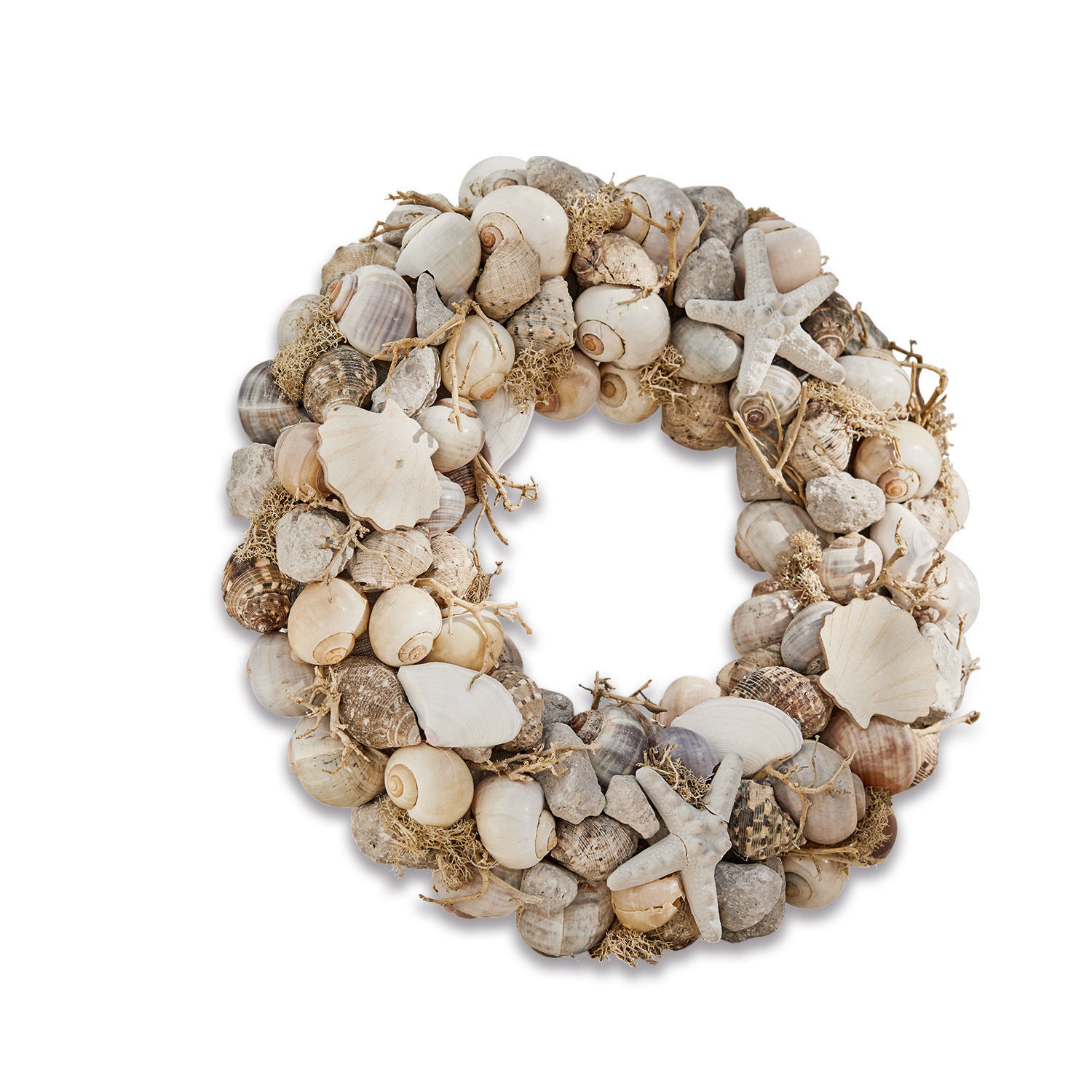 Kranz Enna Dekorativer Kranz aus natürlichen Muscheln und Seesternen in Beige- und Grautönen zur Wanddekoration