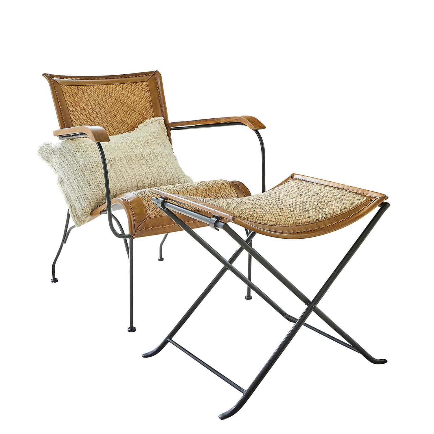 Stuhl mit Hocker Dauvron Stuhl mit Fusshocker aus Rattan und Metall in Braun und Schwarz, bequemer Wohnzimmerstuhl