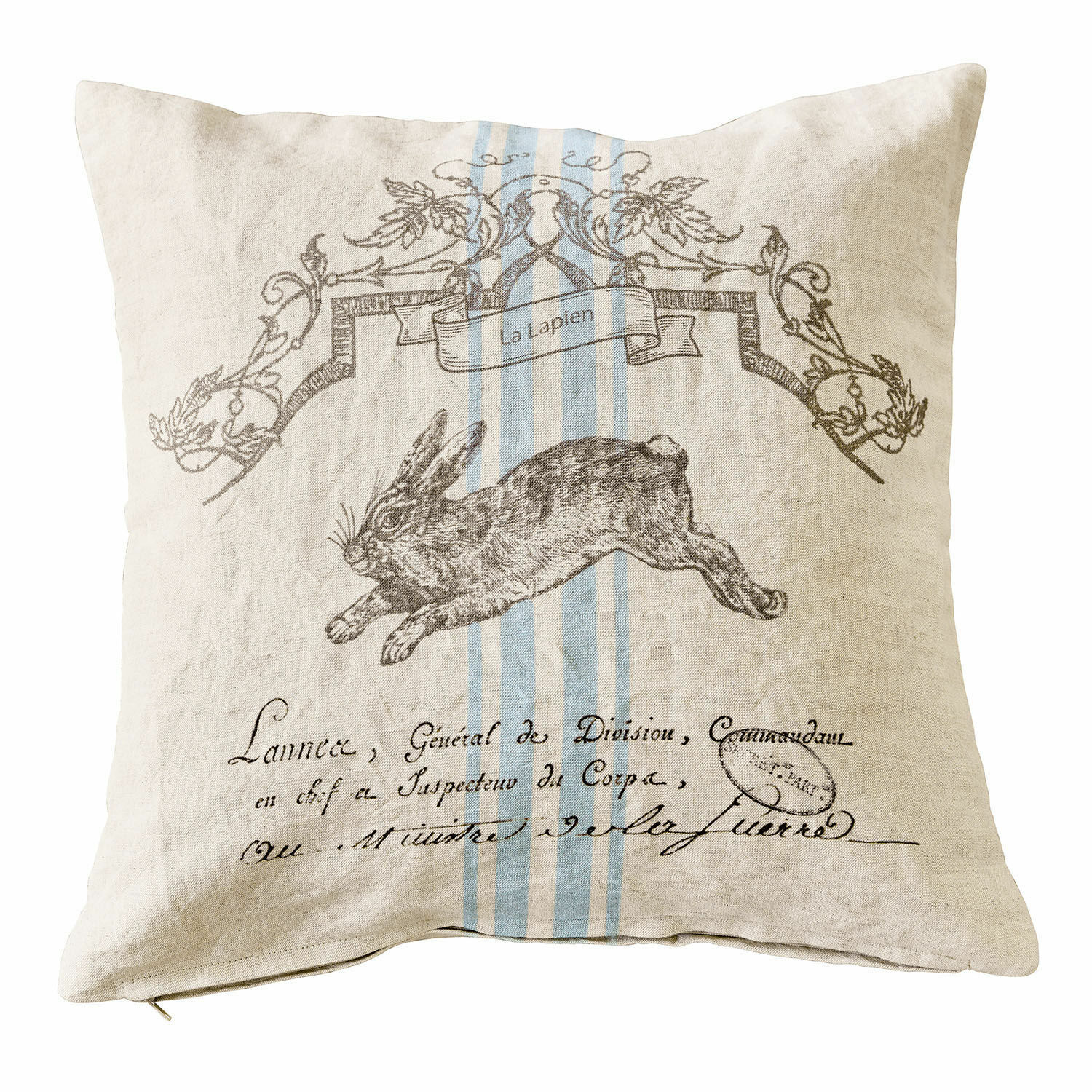 Kissenhülle La Lapin Beiges Leinenkissen mit Hasenmotiv und blauen Streifen, dekoratives Wohnaccessoire