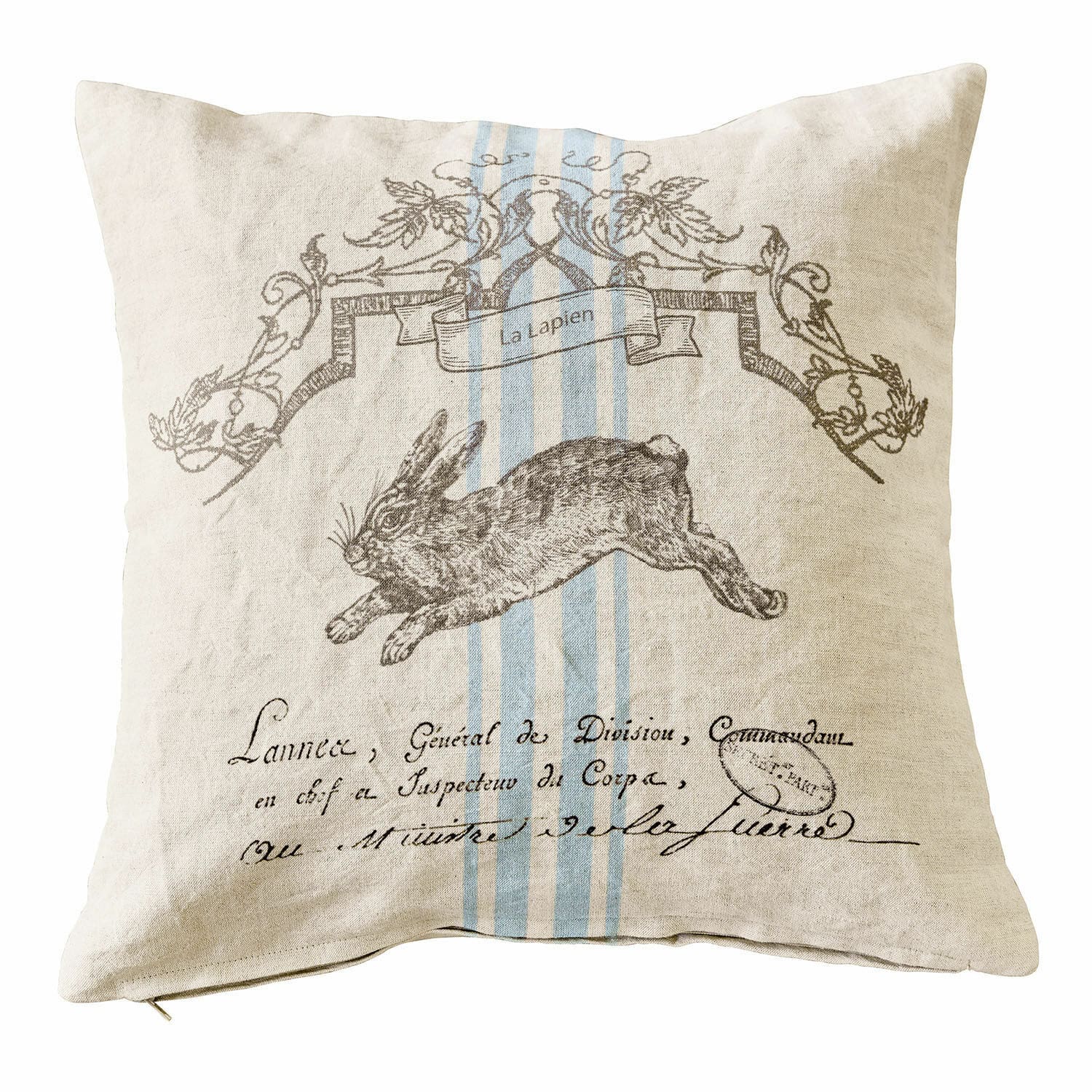 Kissenhülle La Lapin Beiges Leinenkissen mit Hasenmotiv und blauen Streifen, dekoratives Wohnaccessoire