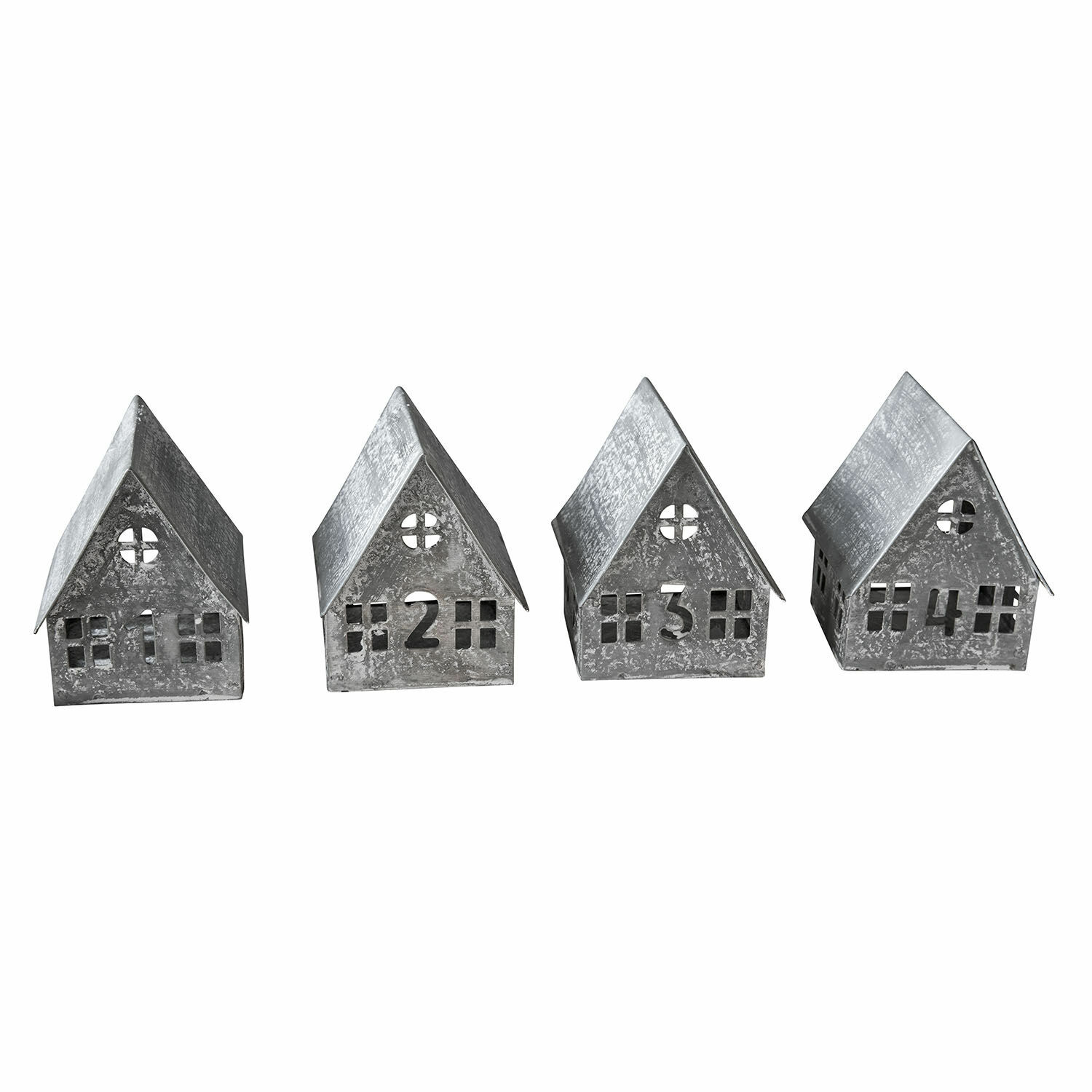 Windlicht 4er Set Ivolere Set mit vier grauen Metallhäusern mit den Zahlen 1 bis 4 als Wohnaccessoire