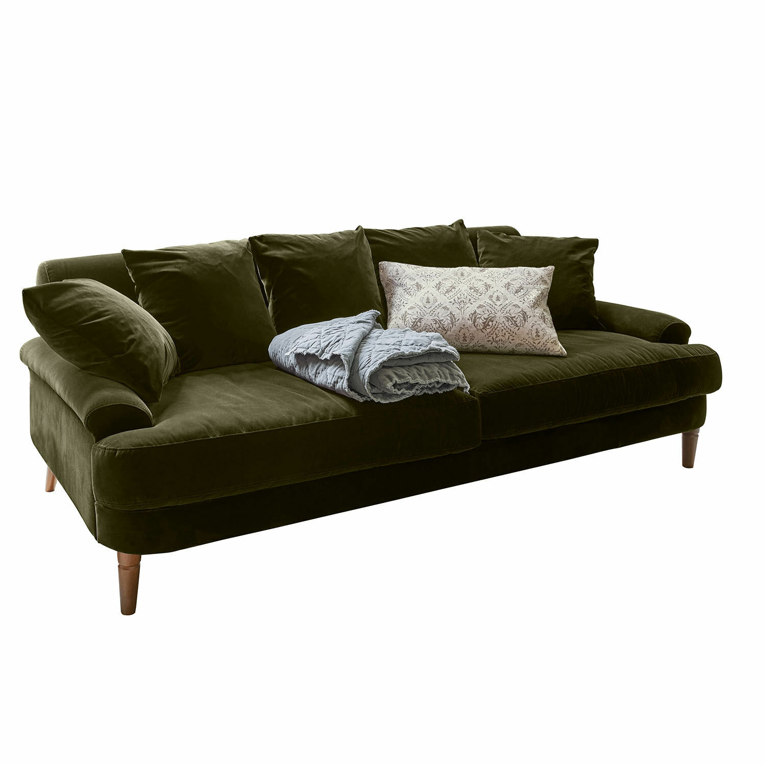 Sofa Rivermere Grünes Samtsofa mit Kissen und hellem Plaid, bequeme Wohnzimmermöbel