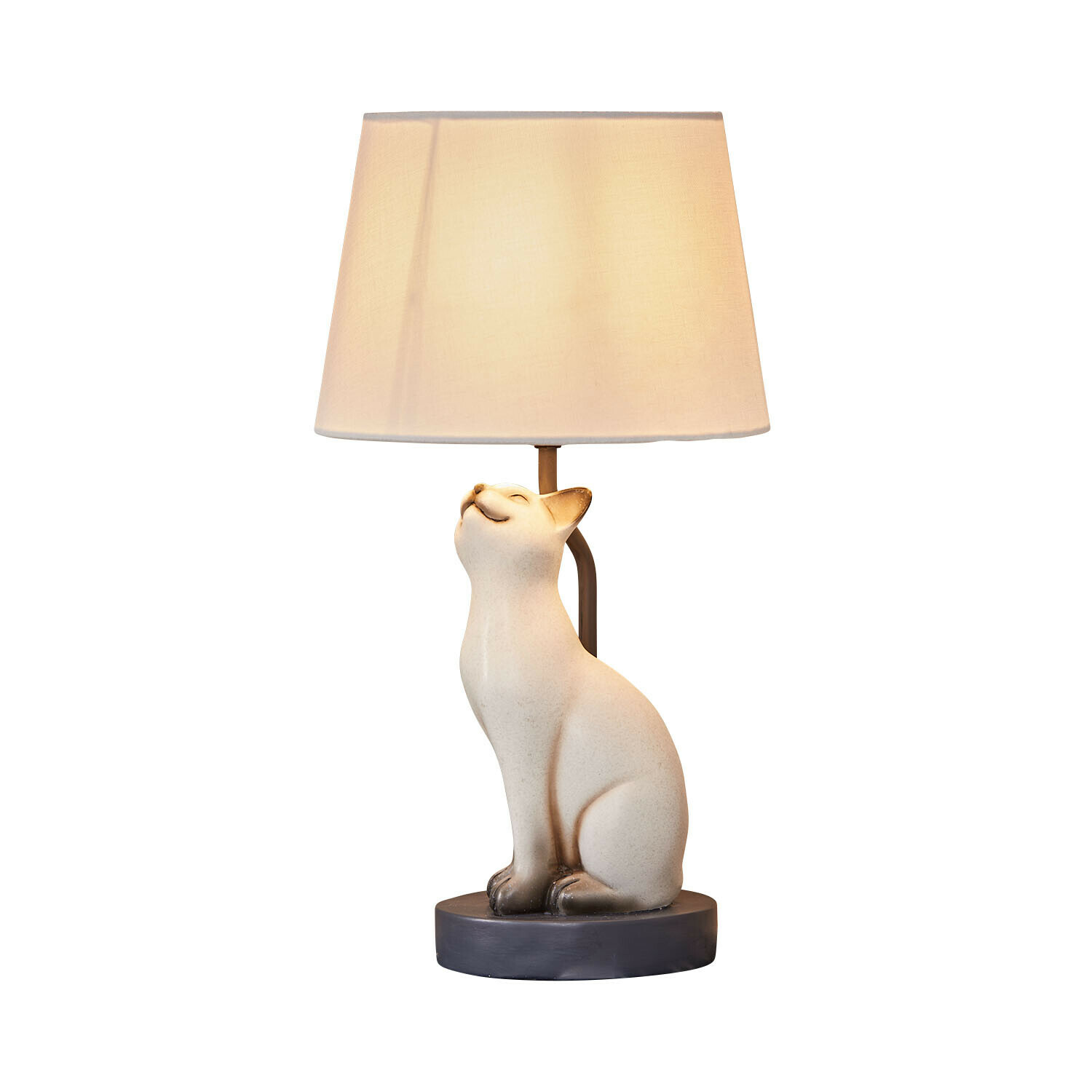 Tischlampe mit weisser Keramik-Katzenfigur und cremefarbenem Lampenschirm für Wohnzimmer