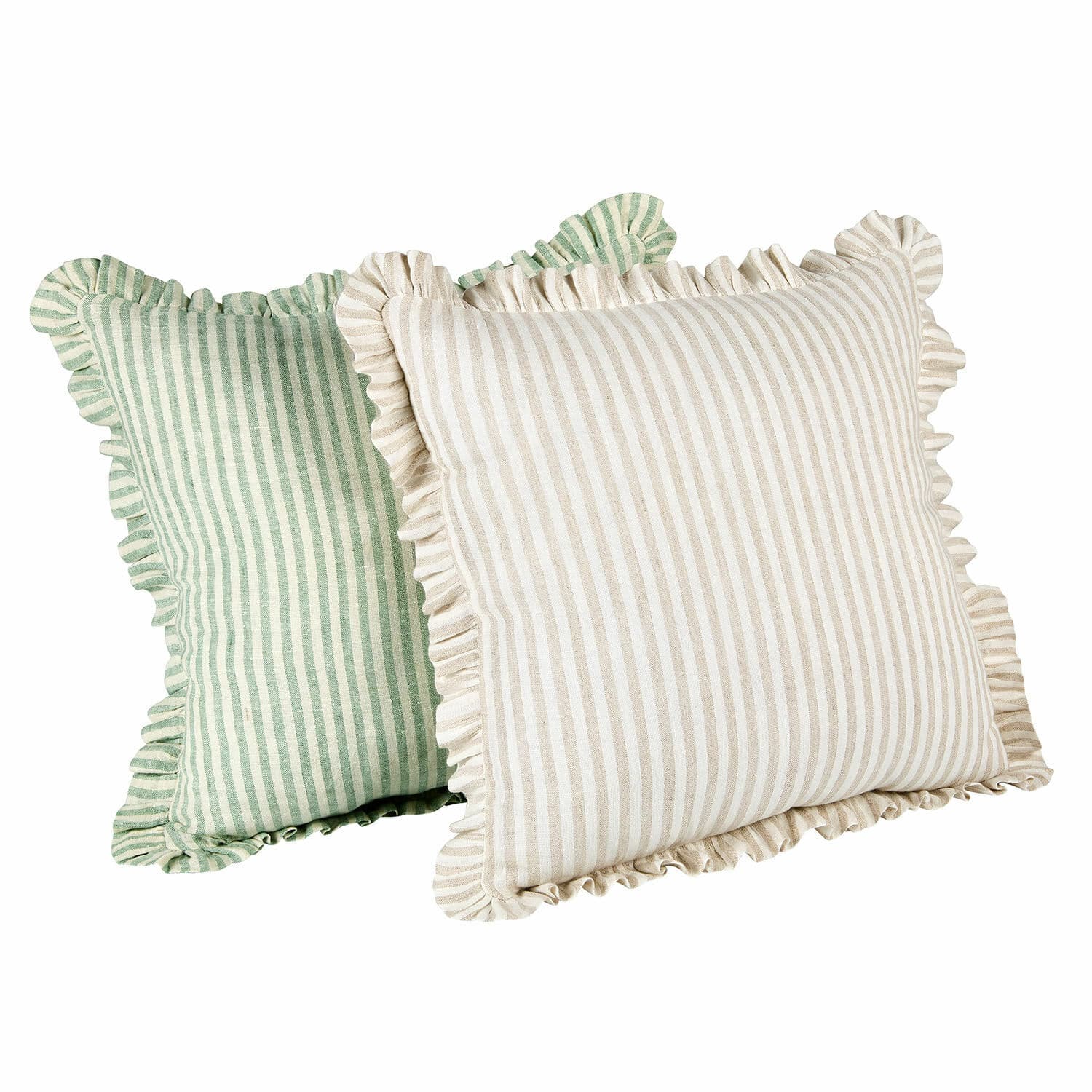 Kissenhülle 2er Set Brenda Set aus zwei dekorativen Baumwollkissen mit Streifen in Cremebeige und Grün mit Rüsche