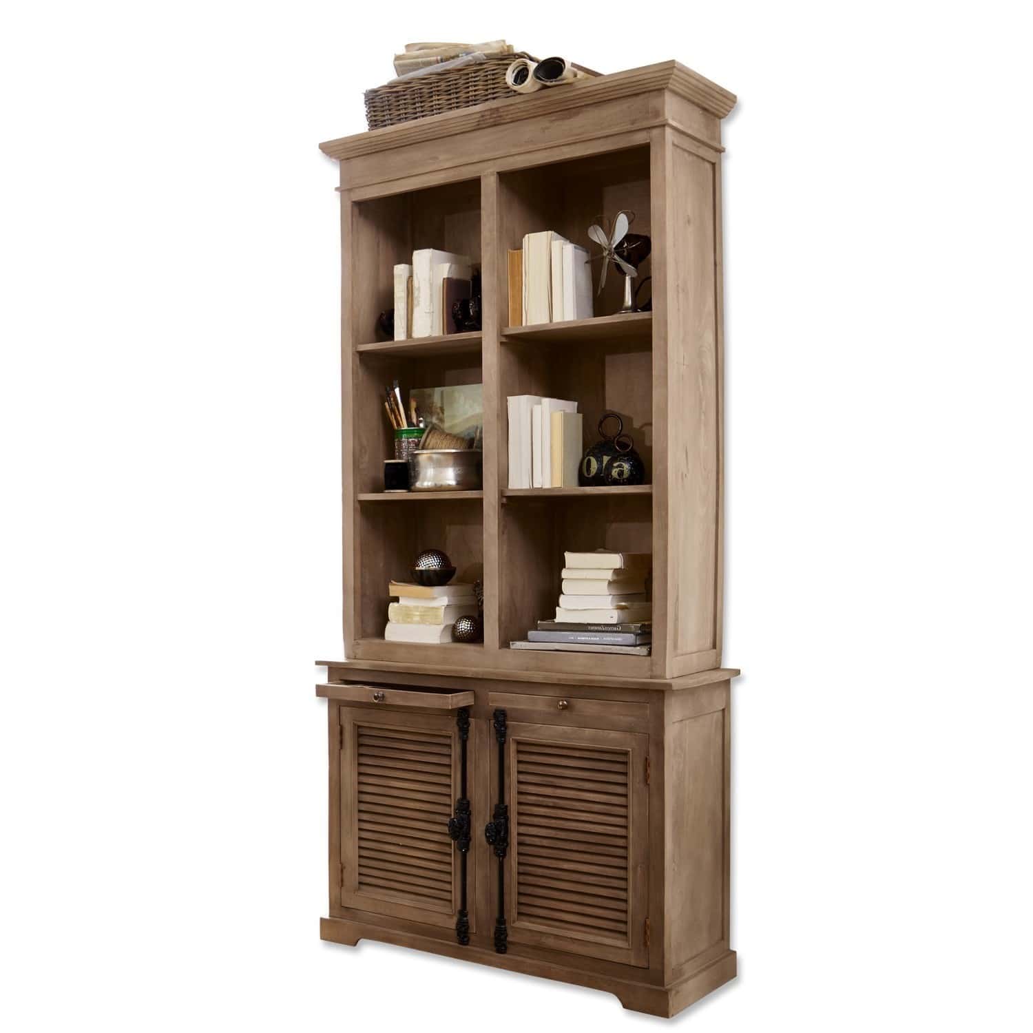 Schrank Woodlawn Holzschrank in Naturfarbe mit Regalen und Schubladen zur Aufbewahrung von Büchern und Dekorationen