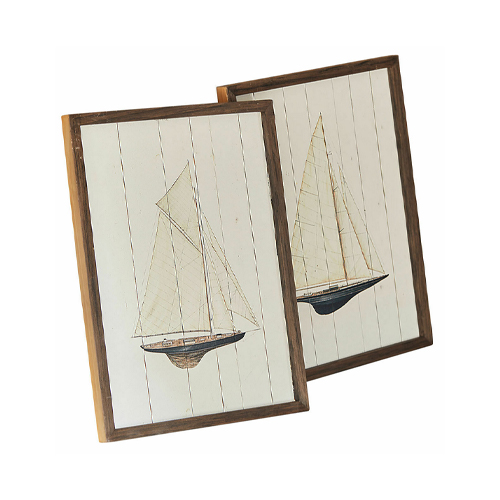 Holztafeln mit Segelbooten auf weissem Hintergrund, maritime Wanddekoration