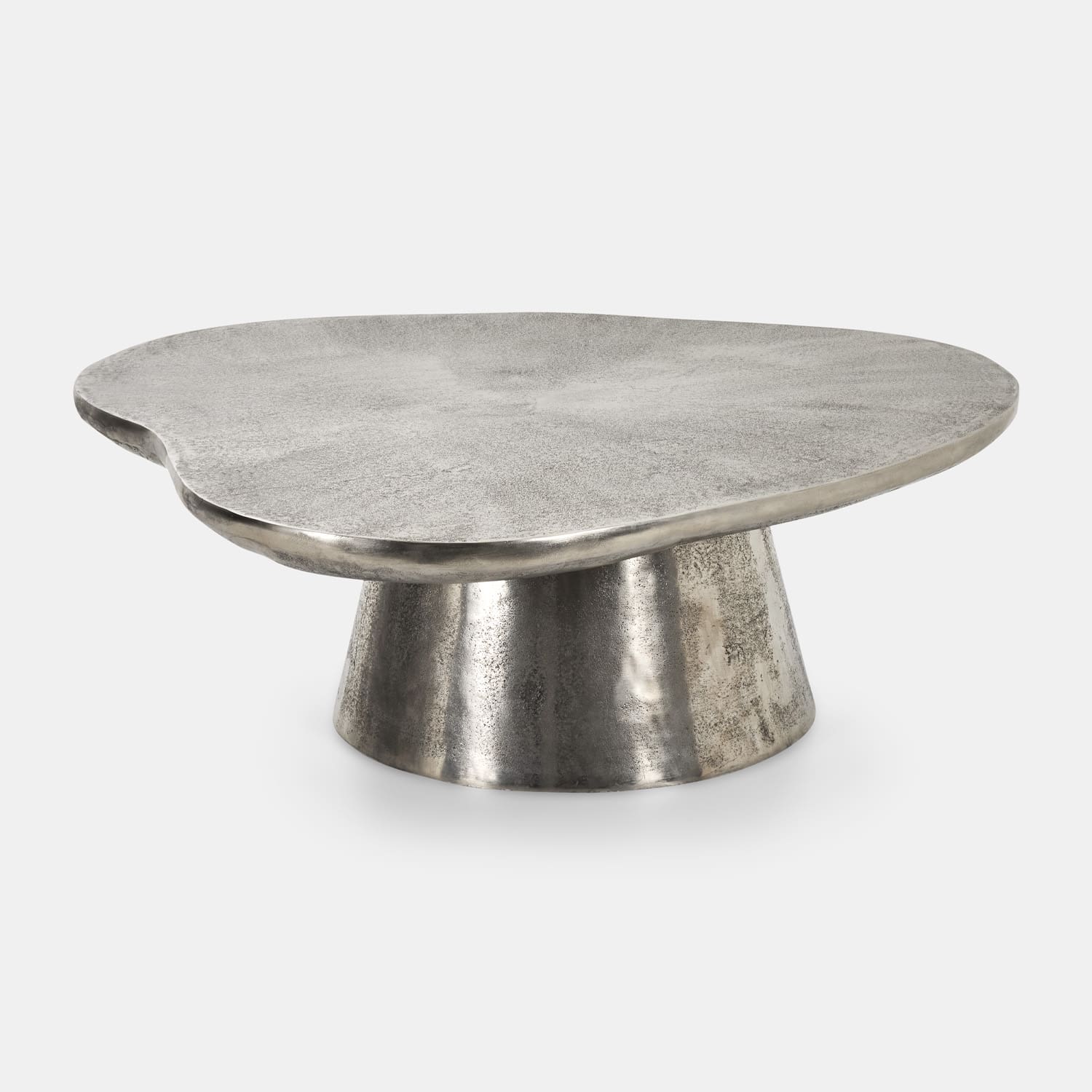 Moderner Couchtisch aus silbernem Metall mit unregelmässiger Tischplatte und konischem Fuss