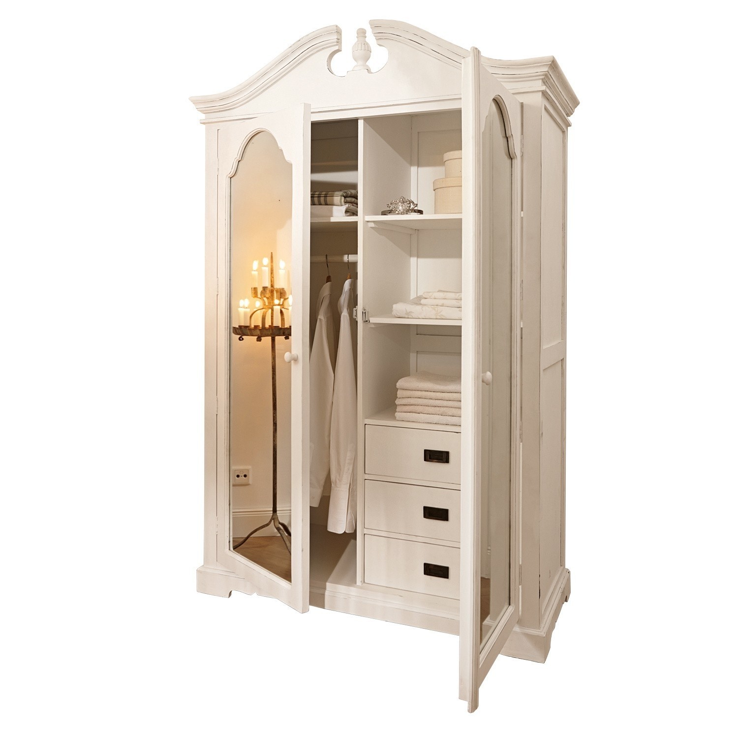 Kleiderschrank Somerset Weisser Holzschrank mit Spiegel und Regalen für Kleidung und Handtücher im Vintage-Stil